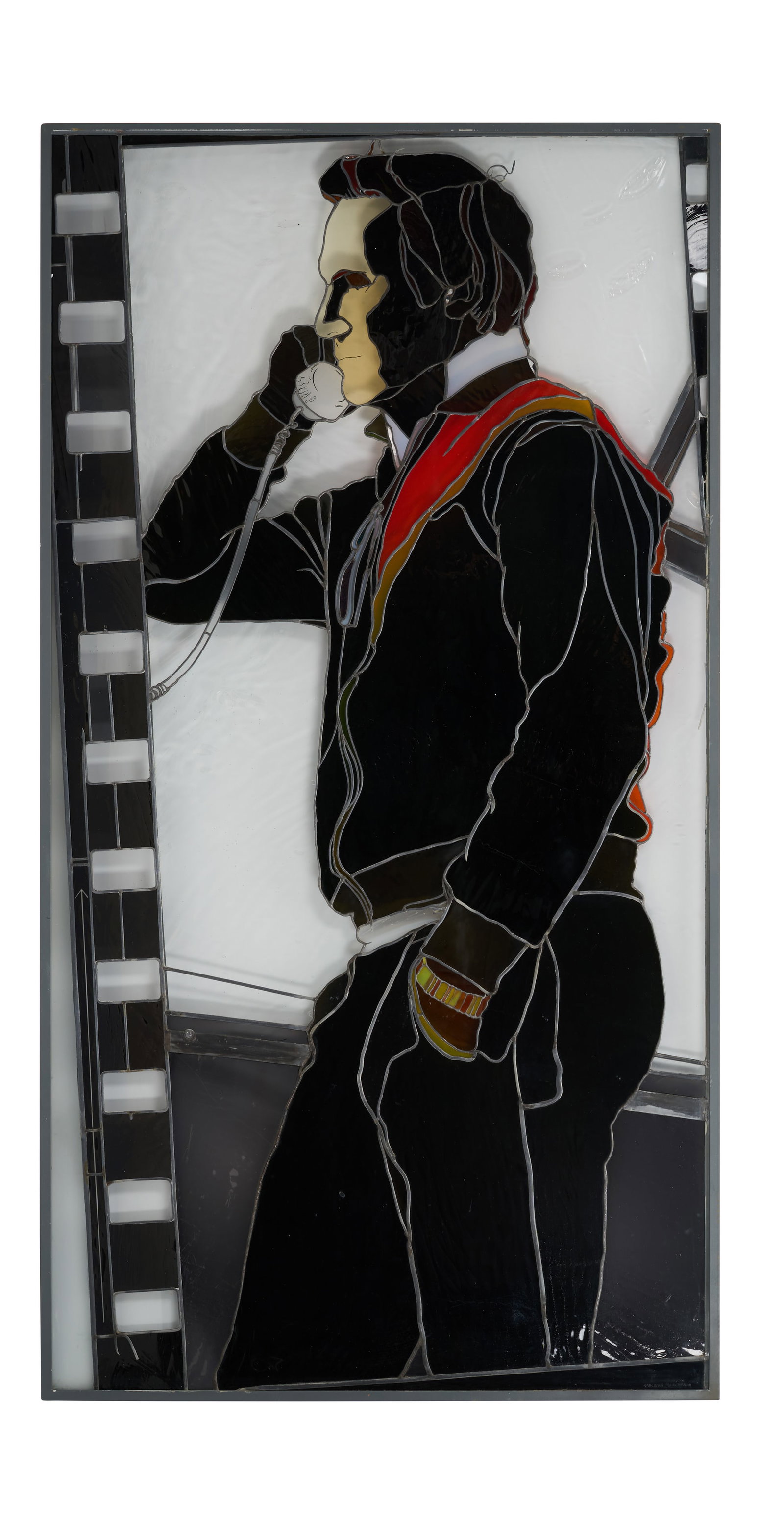 Jerry Weintraub | Jerry Weintraub Stained Glass Portrait by Narcissus Quagliata, from "Blue Heaven": A large stained glass portrait of Jerry Weintraub. This piece was commissioned by Weintraub from artist, Narcissus Quagliata, for his Malibu home, "Blue Heaven." From the Estates of Jerry