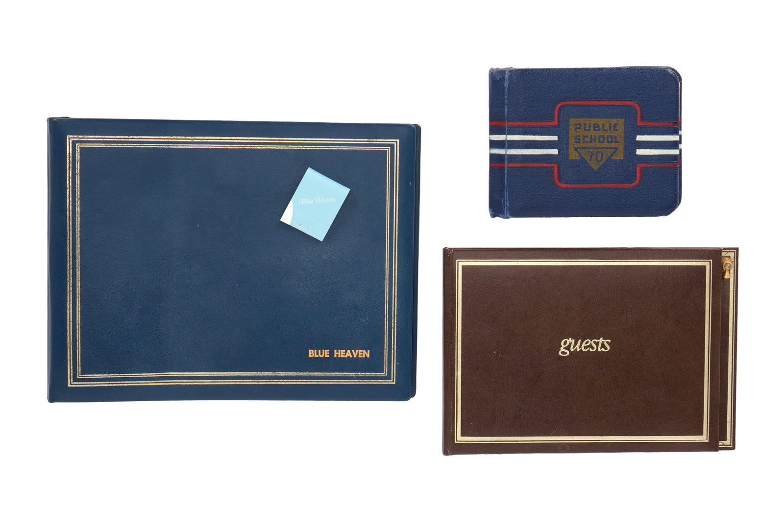 Jerry Weintraub | Blue Heaven Guestbooks, Matchbook, and Vintage Autograph Book: Two guest books for Blue Heaven, Jerry Weintraub and Jane Morgan's home in Malibu, which include signatures and inscriptions from Tim Allen, Gene Kelly, William Friedkin, Tina Sinatra, Michael