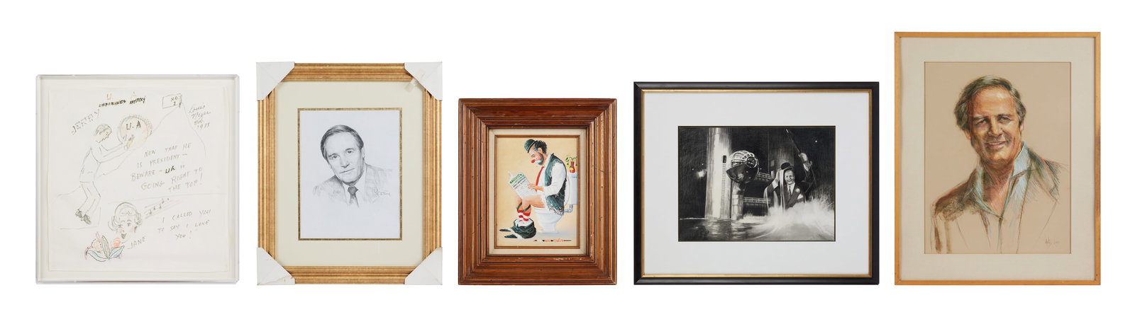 Jerry Weintraub | Framed Artistic Portraits: Five artistic portraits of (or relating to) famed media mogul, Jerry Weintraub. Includes:-A pastel and pencil portrait of Weintraub, signed by artist Artis Lane in the lower right.-A charcoal sketch