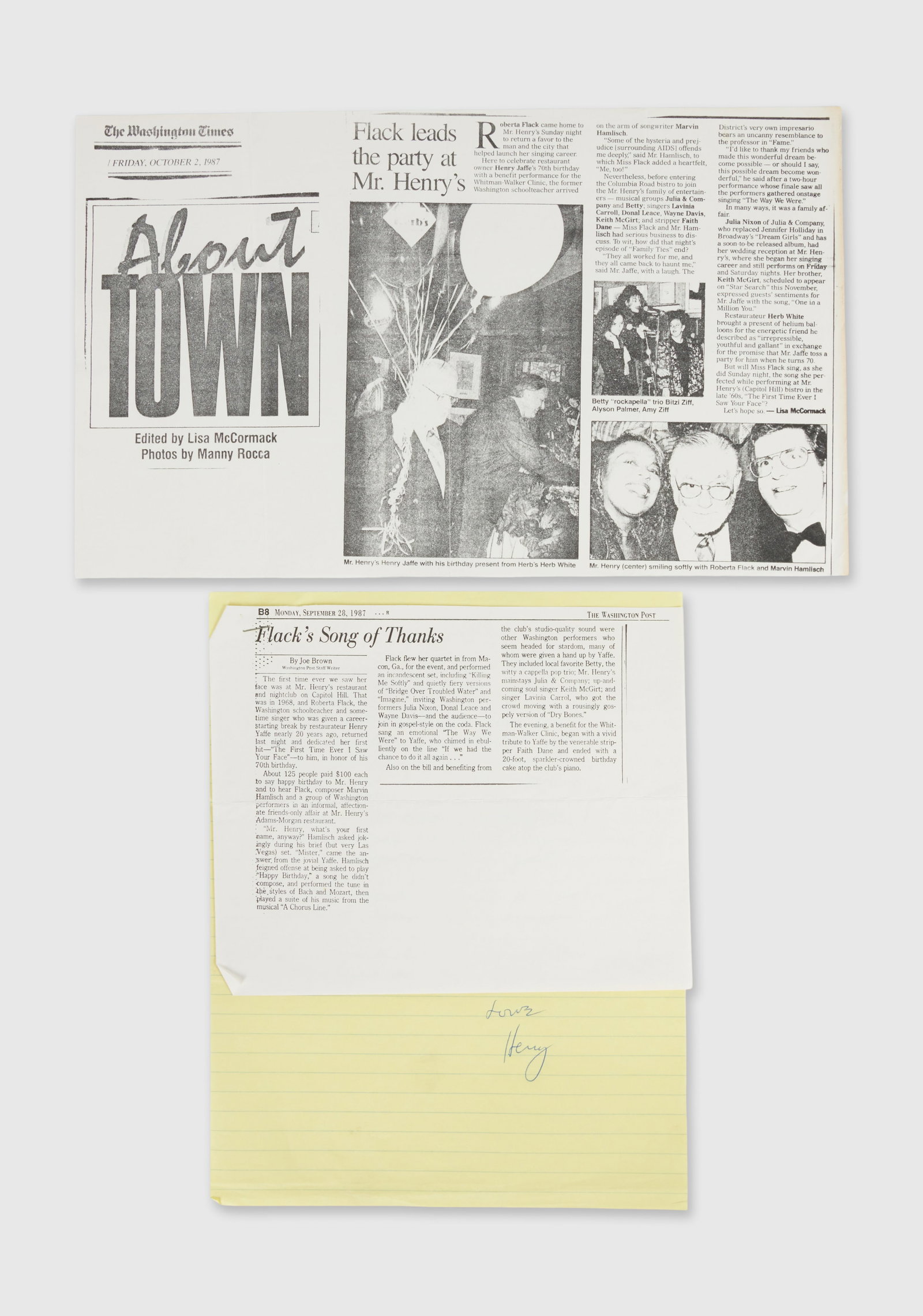 Roberta Flack | Signed Handwritten Thank You Note from "Mr. Henry" Yaffe (1 of 2)