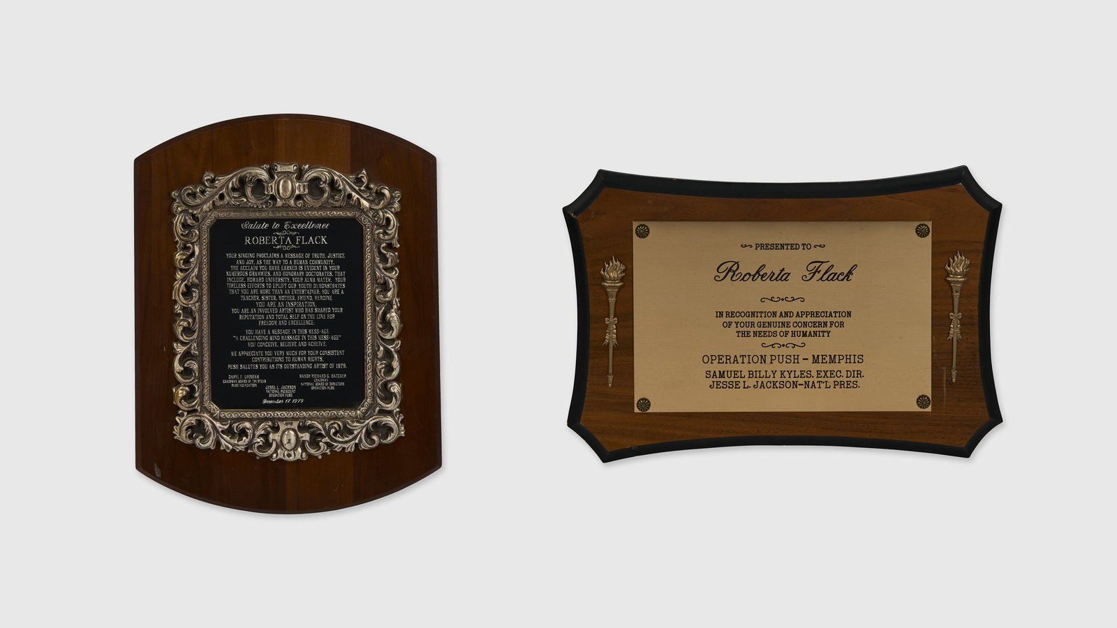 Roberta Flack | Jesse Jackson Awards (2): A pair of plaques from Reverend Jesse Jackson's organization Operation Push, honoring Roberta Flack for her contributions to humanity and the gift of her artistry. From the Estate of Roberta Flack