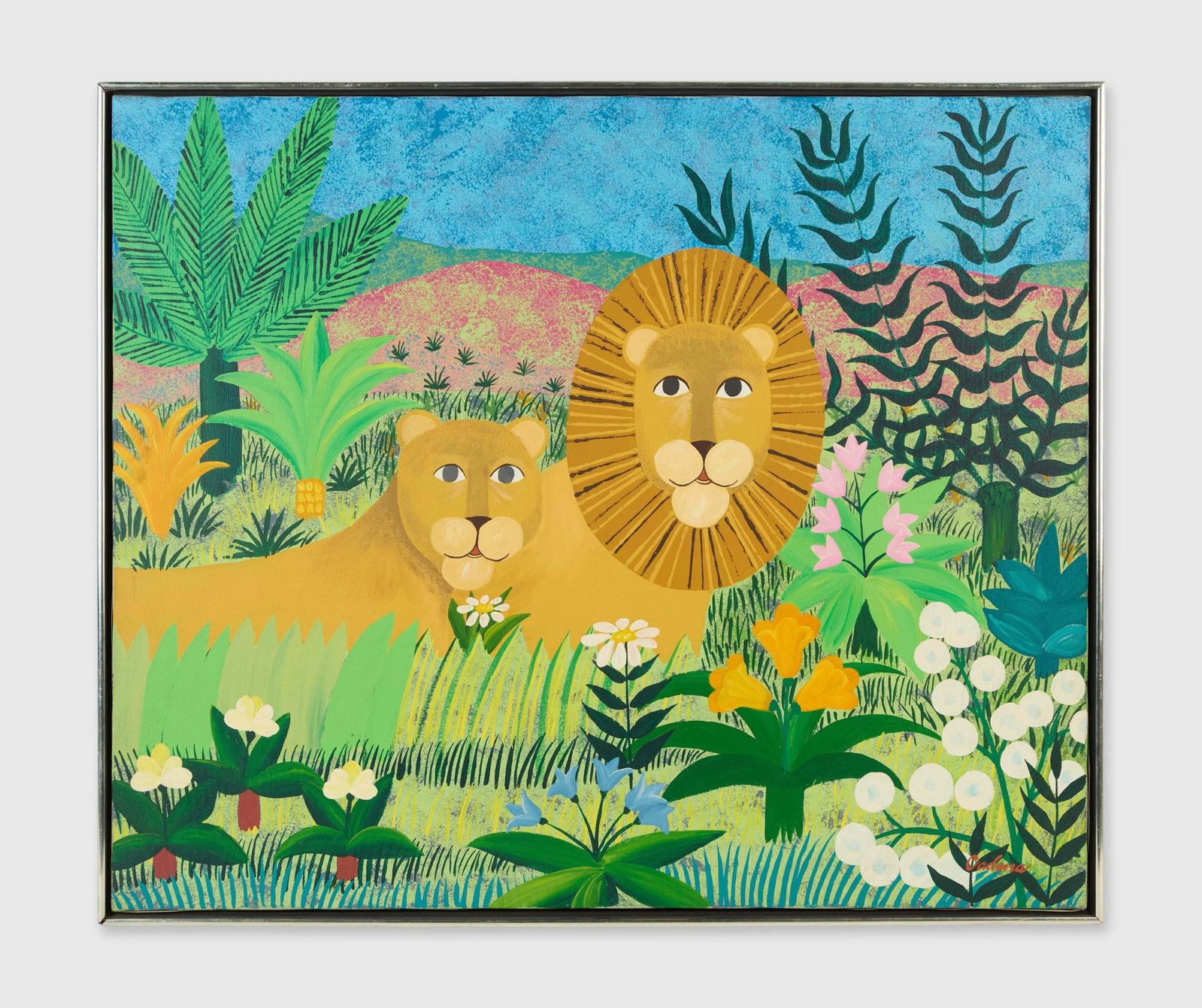 Roberta Flack | Cadena Lion Painting: A large painting of lions from the collection of Roberta Flack. The painting is signed "Cadena." From the Estate of Roberta Flack
