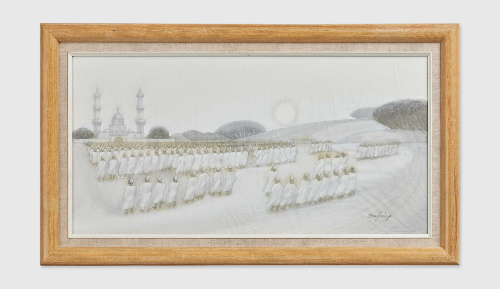 Roberta Flack | Tom Feelings "Ibada" Artwork: An original Tom Feelings artwork of sunset prayers at a mosque, from the collection of Roberta Flack. Signed to the bottom left corner, with a label that reads "ibada" (worship) on the verso. To