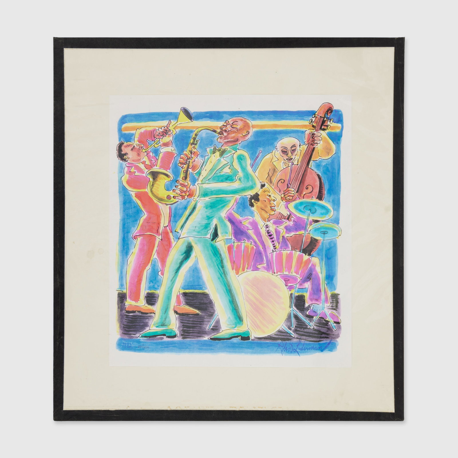 Roberta Flack | Robert Lederman Jazz Artwork: Jazz artwork created by Robert Lederman, from the collection of Roberta Flack. Color on paper mounted on board and signed to the lower right by the artist. Stamped on the verso. From the Estate of Rob