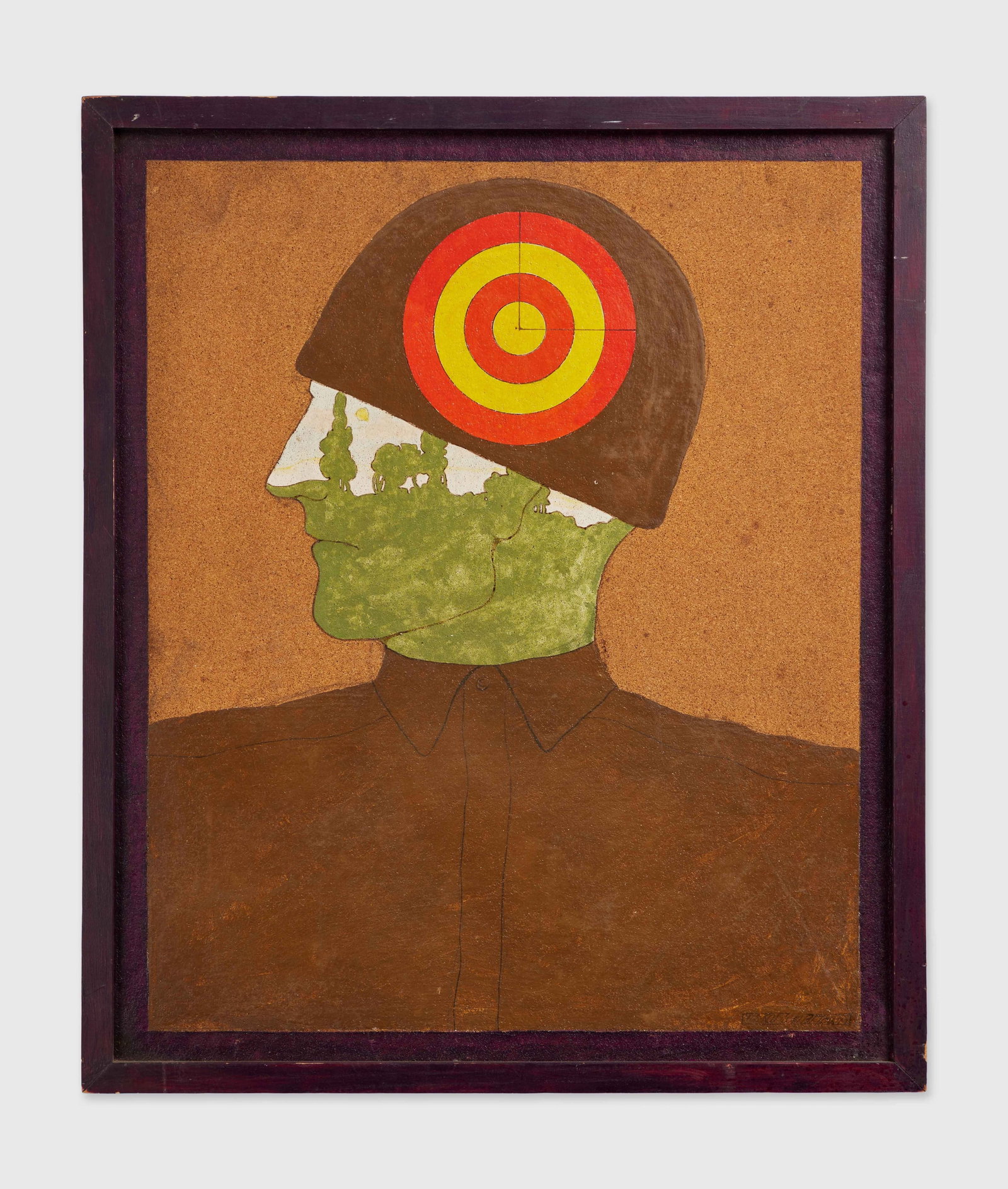 Roberta Flack | Painting of a Soldier: A painting of a soldier wearing a helmet, from the collection of Roberta Flack. The painting is executed on cork signed illegibly by the artist. From the Estate of Roberta Flack