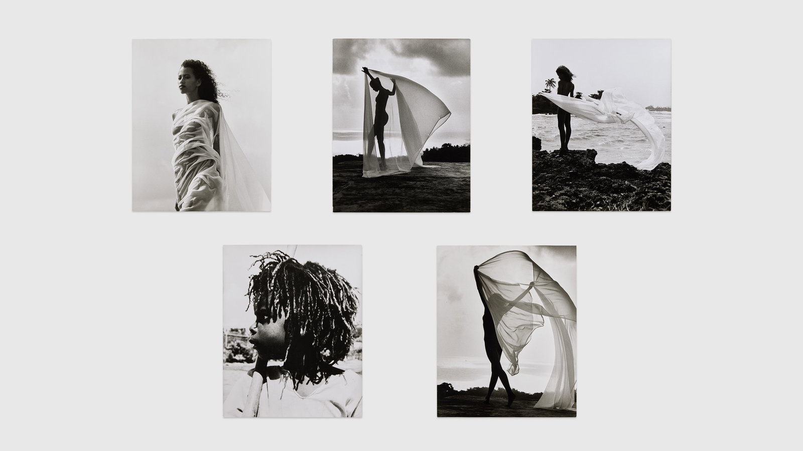 Roberta Flack | Women with Fabric Photos (5): Five black and white photos of a woman draped with fabric from the collection of Roberta Flack. From the Estate of Roberta Flack
