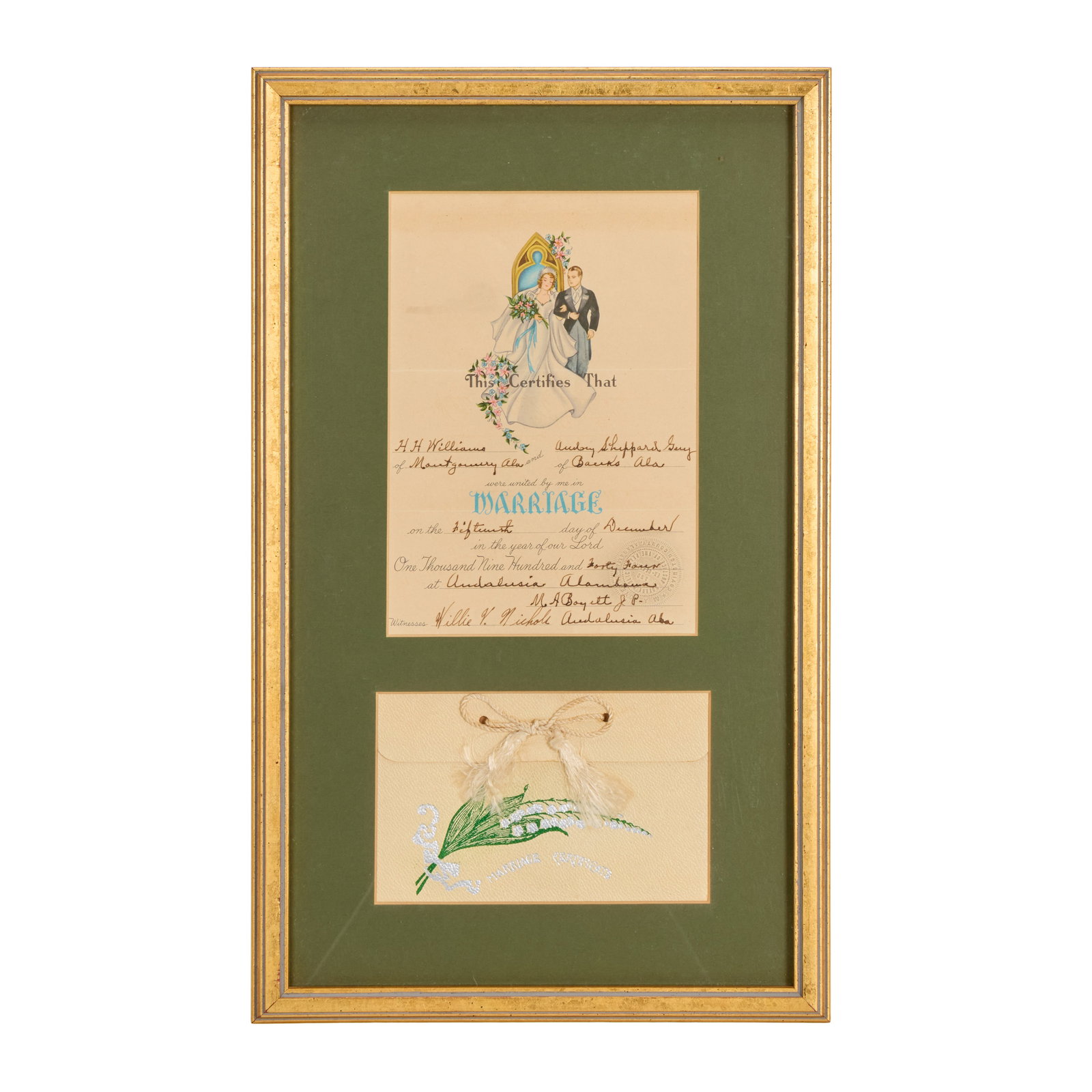 Hank Williams Sr. | 1944 Marriage License to Audrey Williams: A framed and matted display featuring the marriage certificate (and original envelope) of Hank Williams to Audrey Sheppard, which reads: "H.H. Williams of Montgomery, Ala. and Audrey Sheppard Day of B