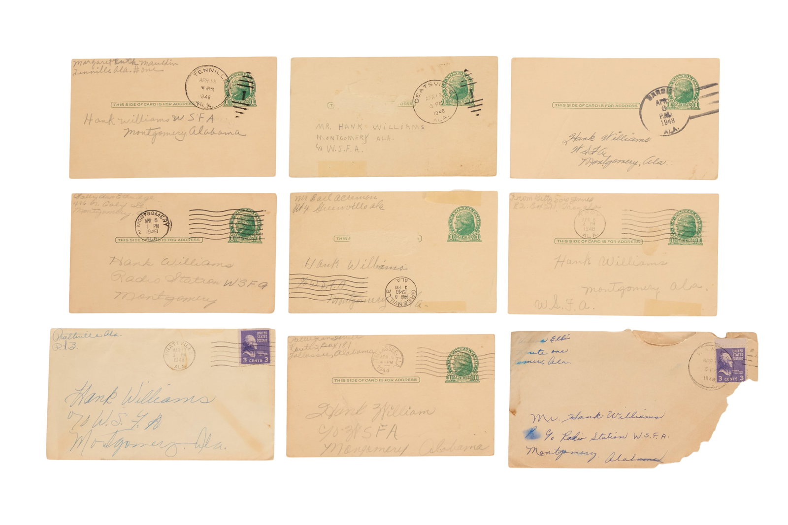 Hank Williams Sr. | 1948 Fan Mail: A group of fan mail (two handwritten letters, each in an envelope, and seven postcards) addressed to Hank Williams Sr. at W.S.F.A. Radio Station, each postmarked 1948. The letters consist of com