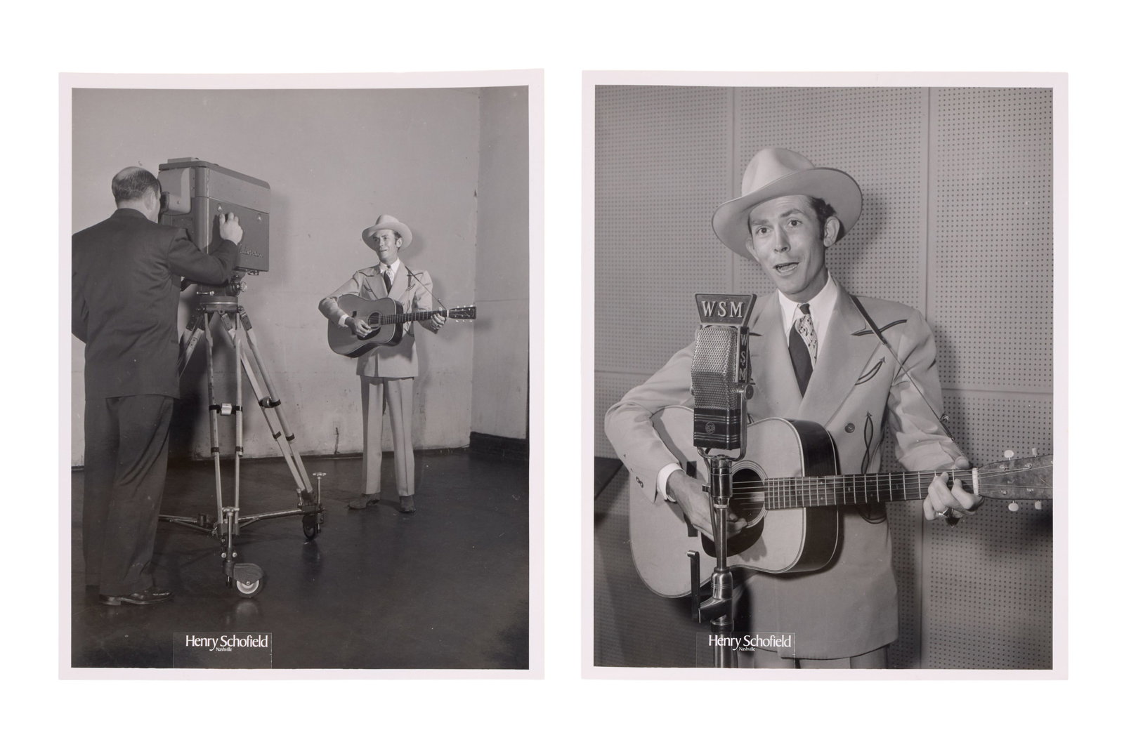 Hank Williams Sr. | 1951 WSM Radio Performance Photos: Two black and white photographic prints featuring Hank Williams Sr. performing on Nashville's WSM radio, c. early 1950s. WSM was the home of the Grand Ole Opry, where Williams was a major star. The ph