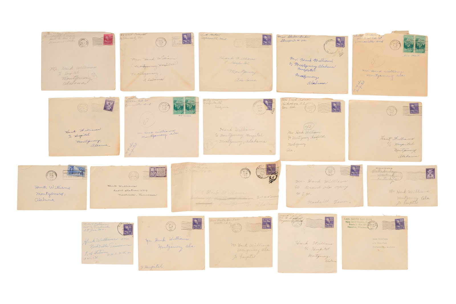 Hank Williams Sr. | 1952 Fan Mail Sent to Hospital: A group of fan mail (twenty letters, each in an envelope) addressed to Hank Williams Sr., each postmarked 1952. The letters consist of various kitschy "Get Well Soon" cards, with personalized me