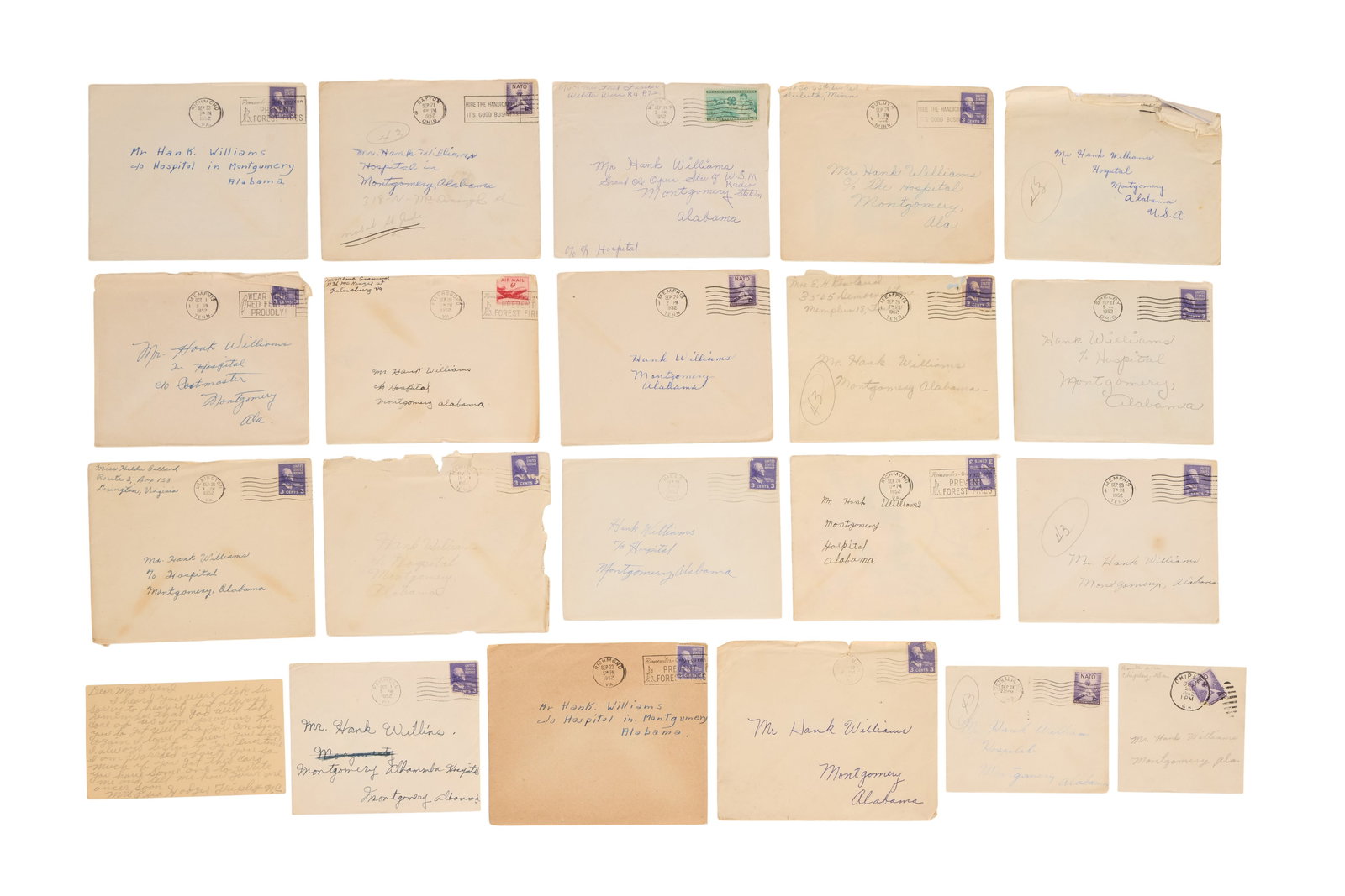 Hank Williams Sr. | 1952 Fan Mail Sent to Hospital: A group of fan mail (eighteen letters, each in an envelope, two blank envelopes, and one postcard) addressed to Hank Williams Sr., each postmarked 1952. The letters consist of various kitschy "G