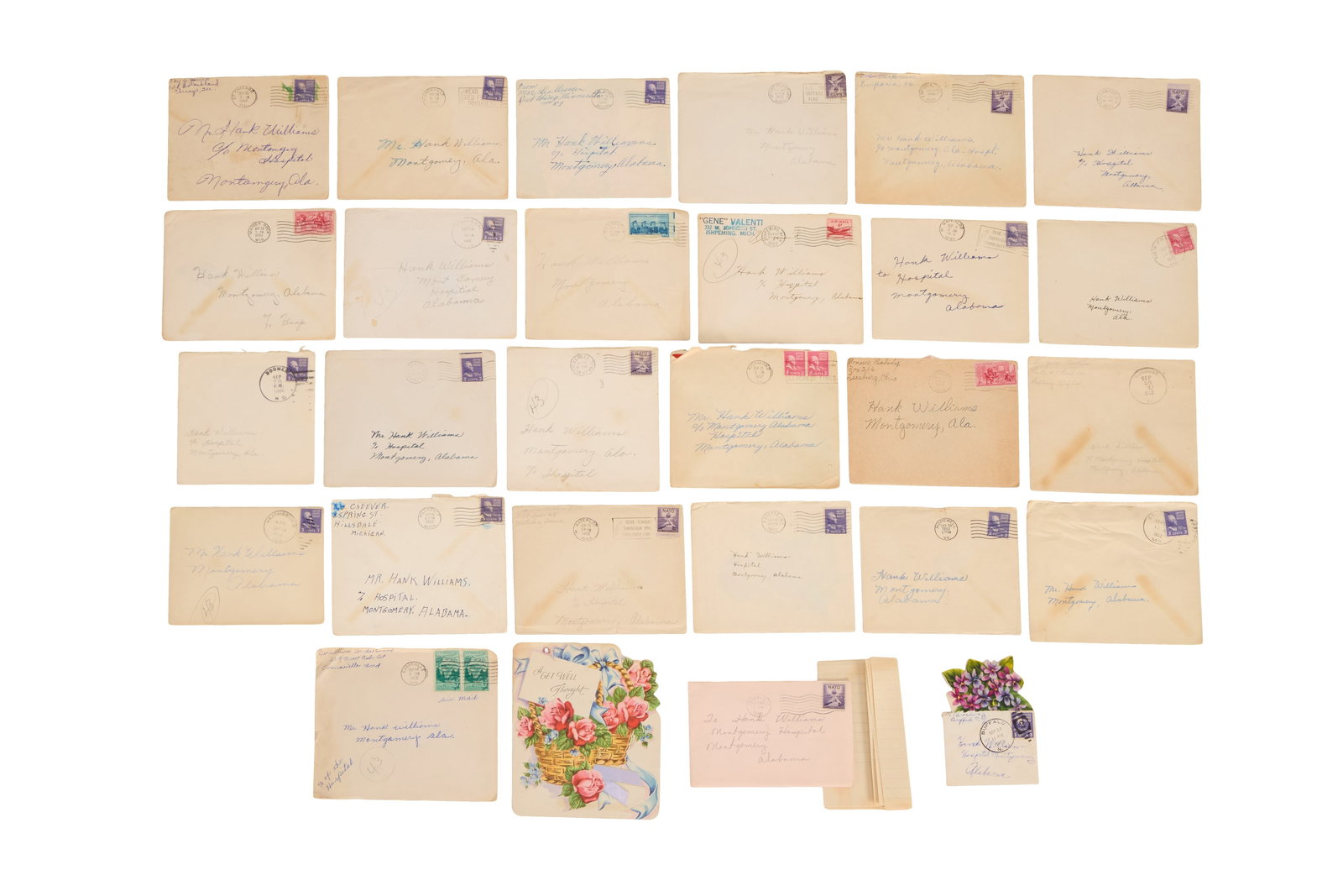 Hank Williams Sr. | 1952 Fan Mail Sent To Hospital: A group of fan mail (twenty-seven letters, each in an envelope) addressed to Hank Williams Sr., each postmarked 1952. The letters consist of various kitschy "Get Well Soon" cards, with personali