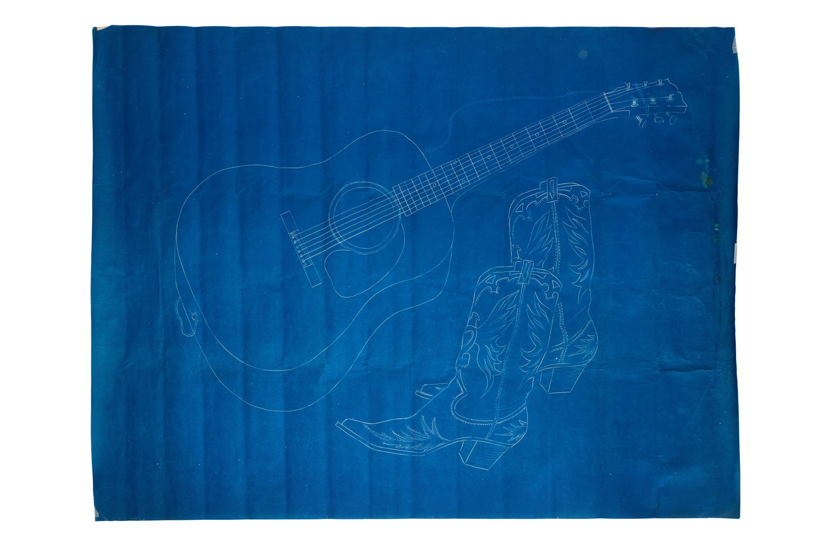 Hank Williams Sr. | 1953 Gravestone Illustration: An original illustration depicting a guitar and cowboy boots, created c. 1953 for the grave of Hank Williams Sr. at the Oakwood Annex Cemetery in Montgomery, Alabama. Williams' gravesite is famous for