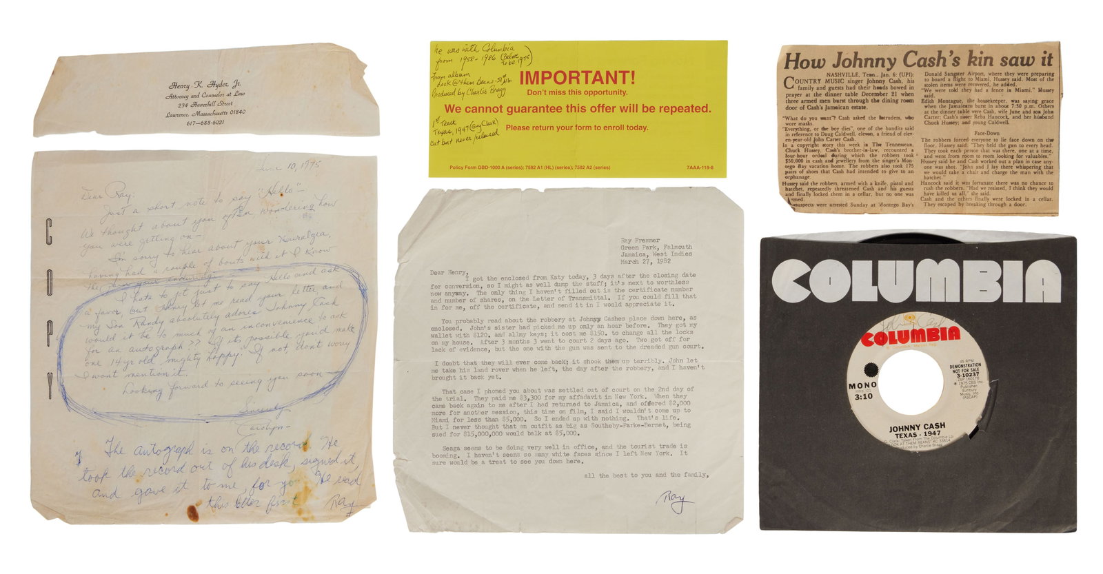 Johnny Cash | Signed 1975 "Texas - 1947" Demo Record Single with Documents: Johnny Cash's 1975 demo of his record single, "Texas - 1947" (3-10237), signed by him to the label in black ink. Accompanied by a Letter of Authenticity and other documents detailing the circumstances