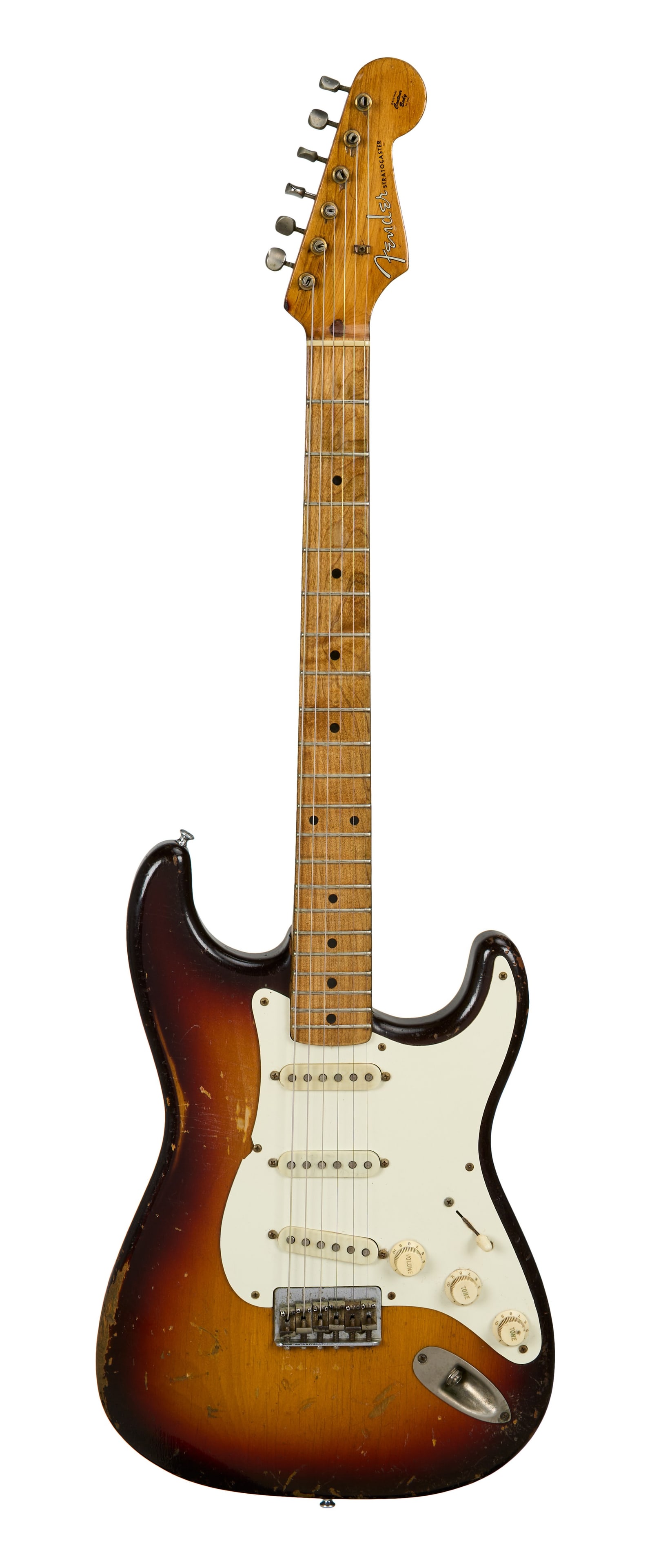 Gary Busey | 1959 Fender Stratocaster Hardtail, Three Tone Sunburst: A 1959 hardtail Fender Stratocaster electric guitar in three tone sunburst finish, no serial number, owned and played by Gary Busey, star of The Buddy Holly Story, Lethal Weapon, Predator 2, Point Bre