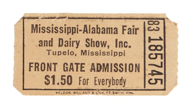 Elvis Presley | 1956 Mississippi-Alabama Fair and Dairy Show Ticket: An original Elvis Presley concert ticket, numbered 83185745, from the Mississippi-Alabama Fair and Dairy Show. The fair was held in the town of Elvis's birth, Tupelo, Mississippi, on September 26, 195