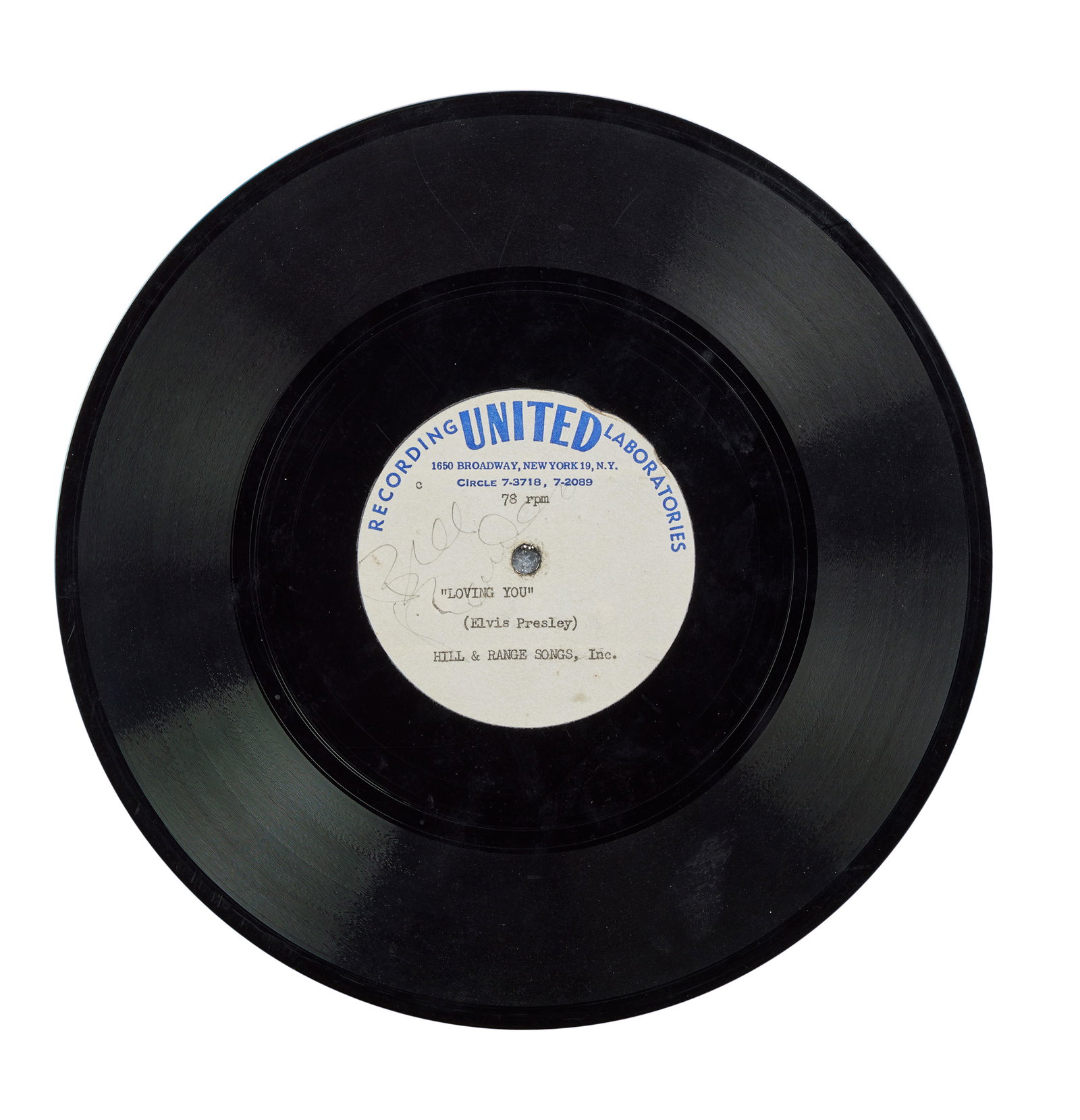 Elvis Presley | DJ Bill Randle Signed "(Let Me Be Your) Teddy Bear / Loving You" Test Pressing: A 10-inch, 78rpm test pressing of Elvis Presley's 1957 record single, "(Let Me Be Your) Teddy Bear / Loving You," signed by Cleveland disc jockey Bill Randle and labeled "First Copy" in pencil. Housed