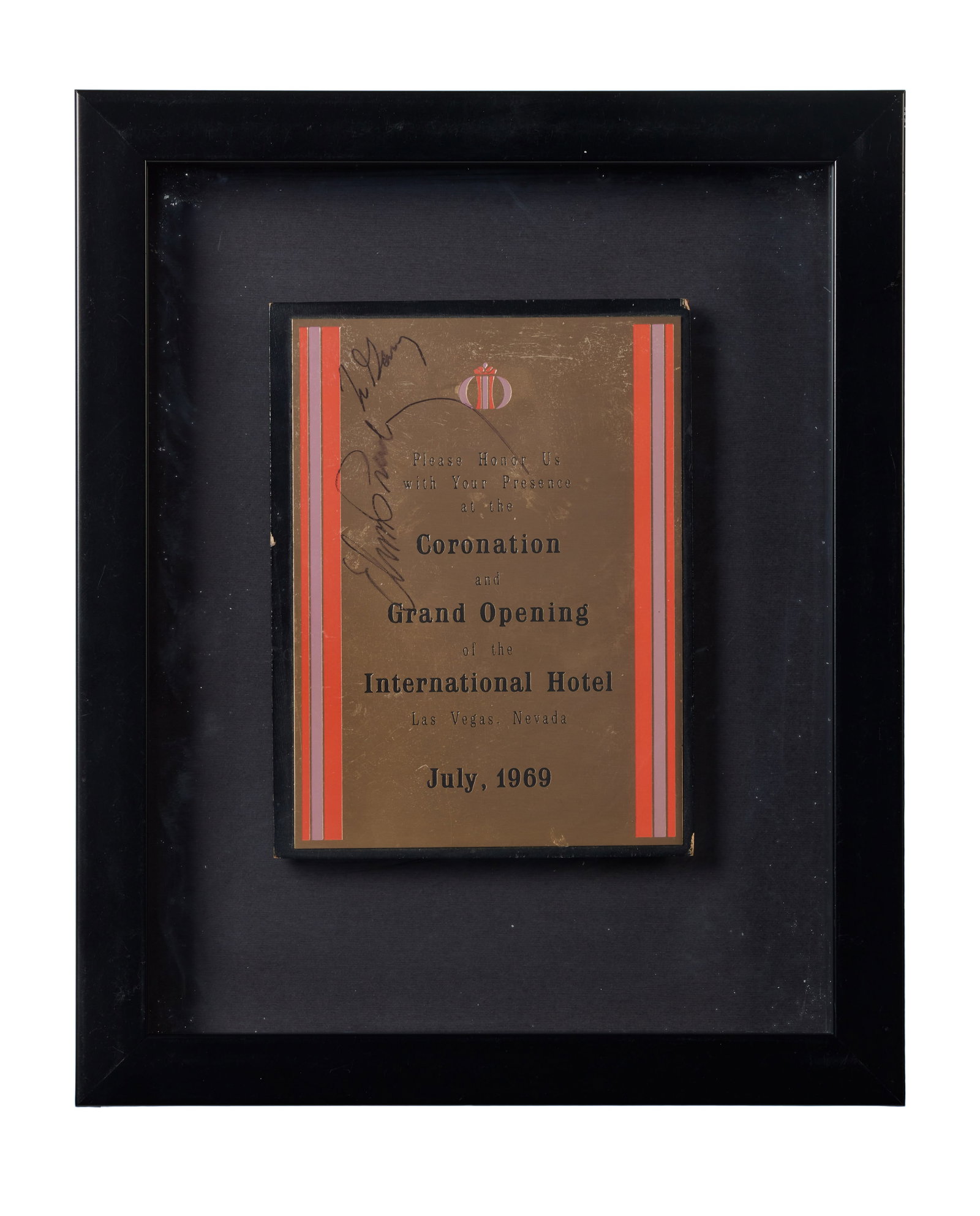Elvis Presley | Signed 1969 Coronation and Grand Opening of the International Hotel: A plaque commemorating the Coronation and Grand Opening of the International Hotel in Las Vegas, dated July 1969, signed by Elvis Presley in black marker on the front. On August 4, 1969, Presley