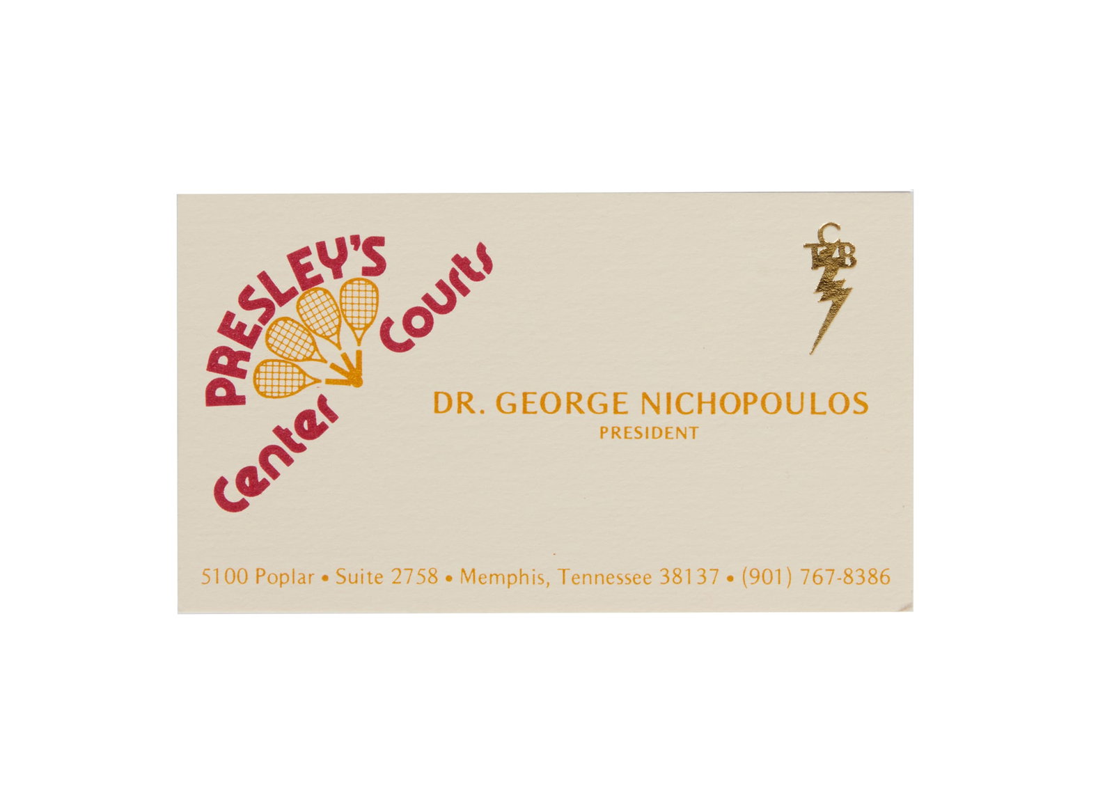 Elvis Presley | Dr. Nichopoulos Racquetball Courts Card: A business card for Elvis Presley's Racquetball Courts titled "Presley's Center Courts," personalized to his doctor, Dr. George Nichopoulos, also known as "Dr. Nick." Accompanied by a copy of a Letter