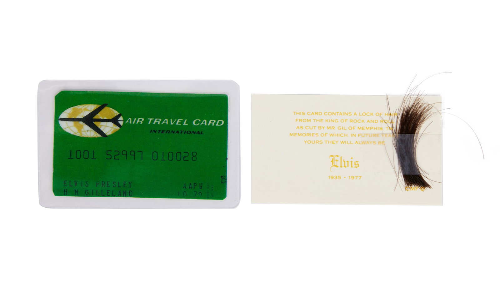 Elvis Presley | Lock of Hair: A lock of Elvis Presley's hair, cut by Presley's barber, Mr. Homer Gilleland, and taped onto a memorial card. Together with a laminated photocopy of Presley and Gilleland's international air travel ca