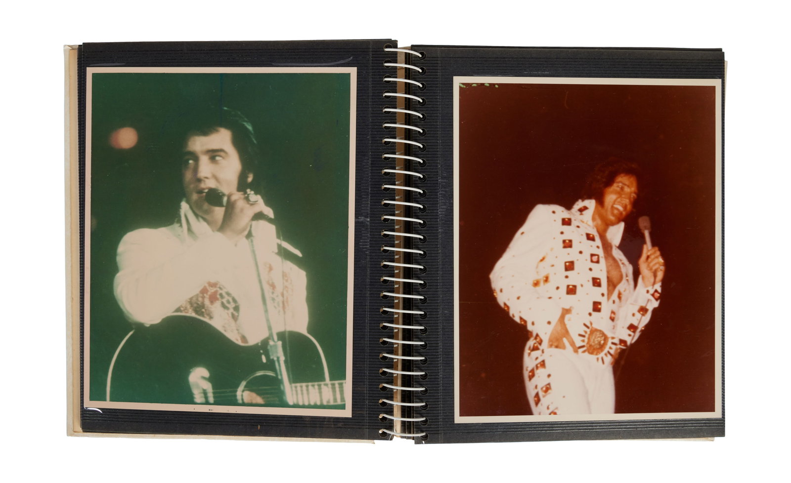 Elvis Presley | Photo Album of Professional and Unpublished Photos: A large photo album of professional and unpublished photographs of Elvis Presley in various eras of his life and career. The photos are housed in a cream leather photo album. 