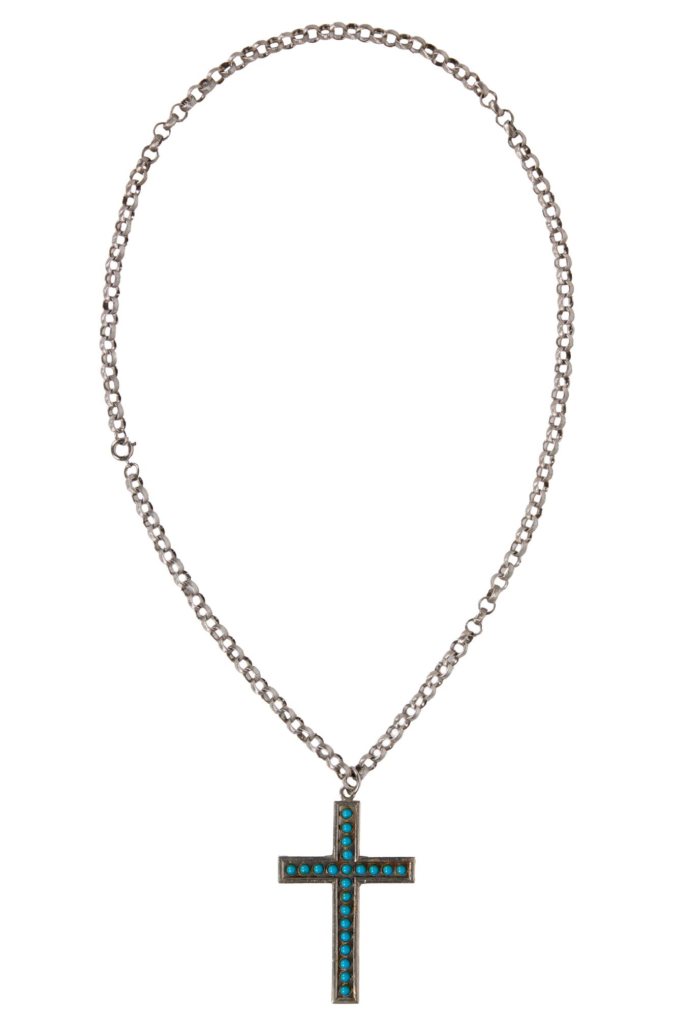 Elvis Presley | Turquoise Cross Pendant Necklace: A silver-tone cable link necklace suspending a silver-tone cross pendant decorated with turquoise stones, given to Elvis Presley by a fan. Accompanied by a Letter of Authenticity from the consig