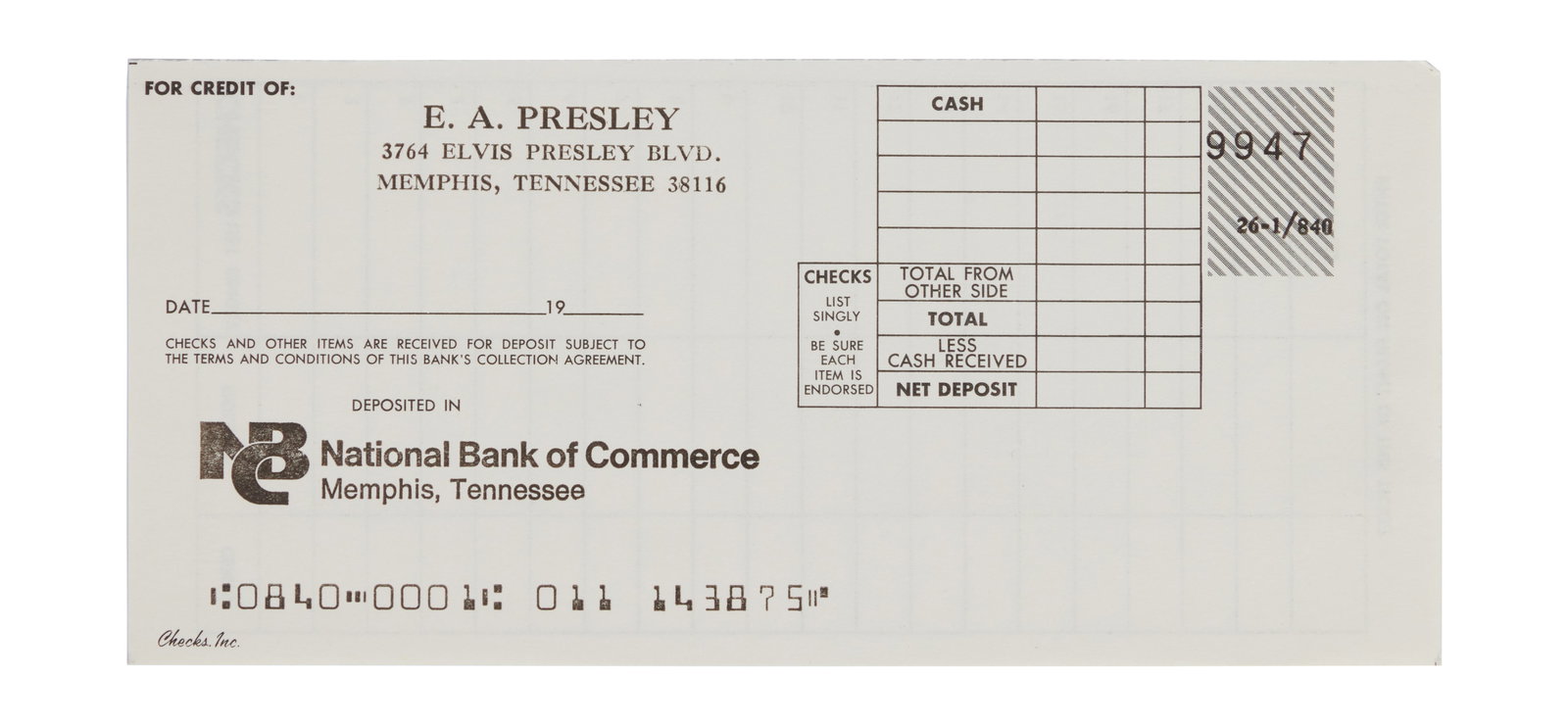 Elvis Presley | Personal Checking Account Deposit Slip (1 of 2)