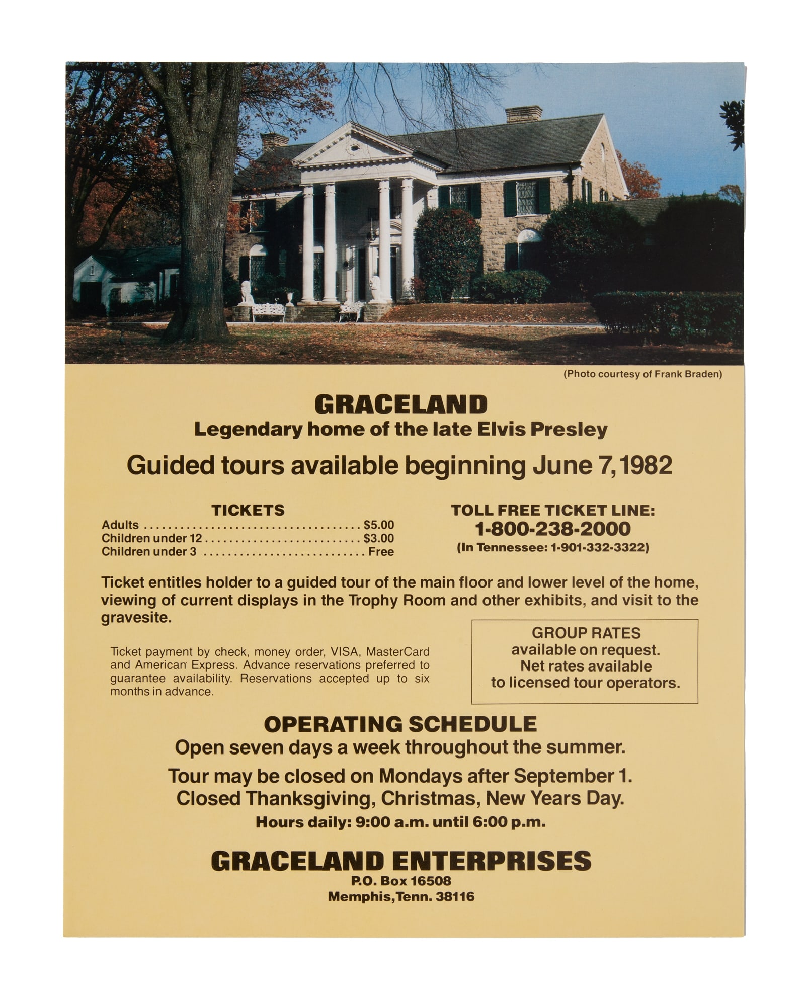 Elvis Presley | 1982 Opening of Graceland Tours Flyer: An original flyer from Graceland Enterprises related to the opening of guided tours for Elvis Presley's Graceland estate, c. 1982, located in Memphis, TN. The flyer, in part, reads: "Graceland -