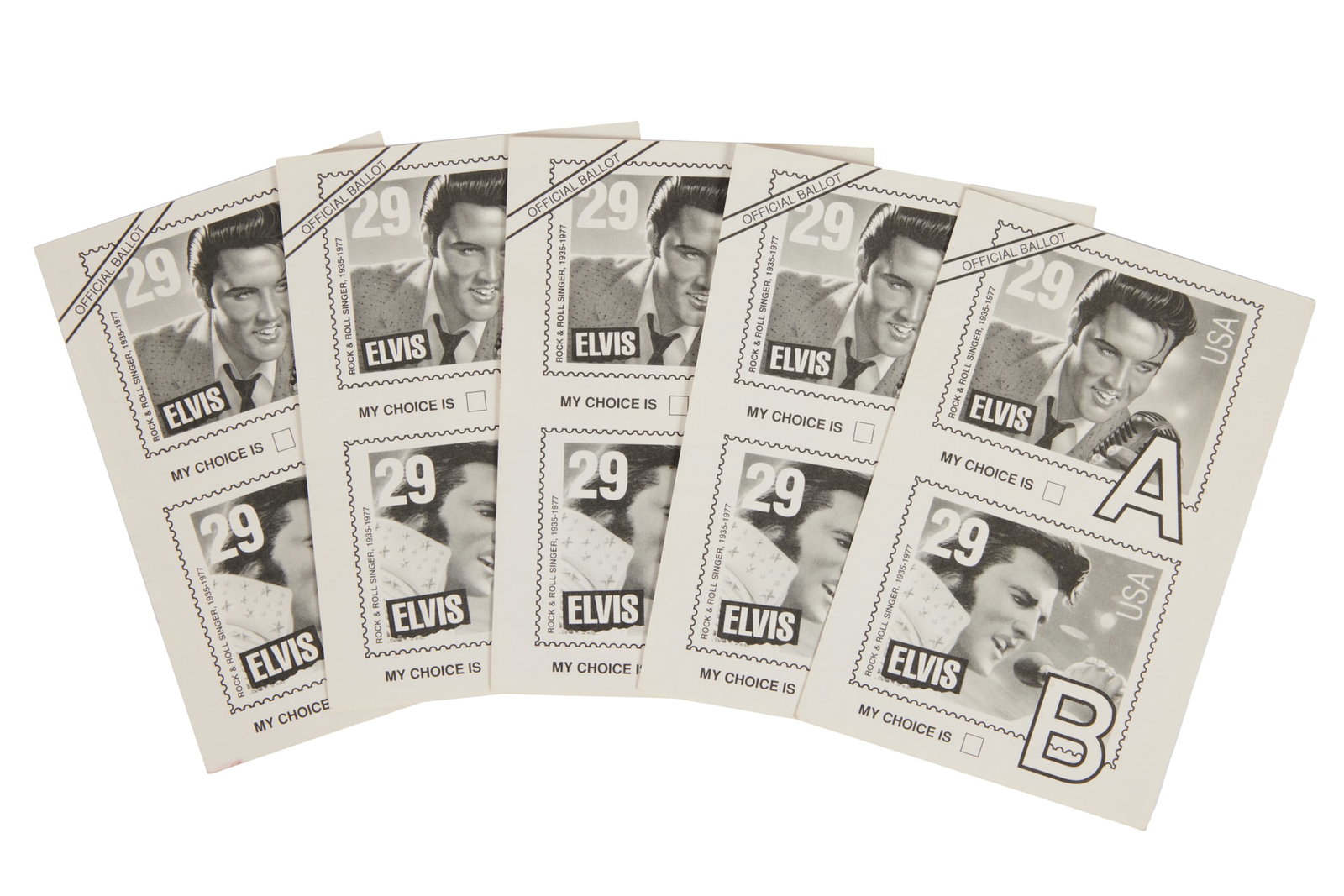 Elvis Presley | 1992 USPS Stamp Ballots: A group of 5 Elvis Presley 1992 USPS stamp ballots, offering a choice between 2 stamp options, both featuring Presley's face. Americans ultimately made their choice, returning nearly 1.2 million ballo
