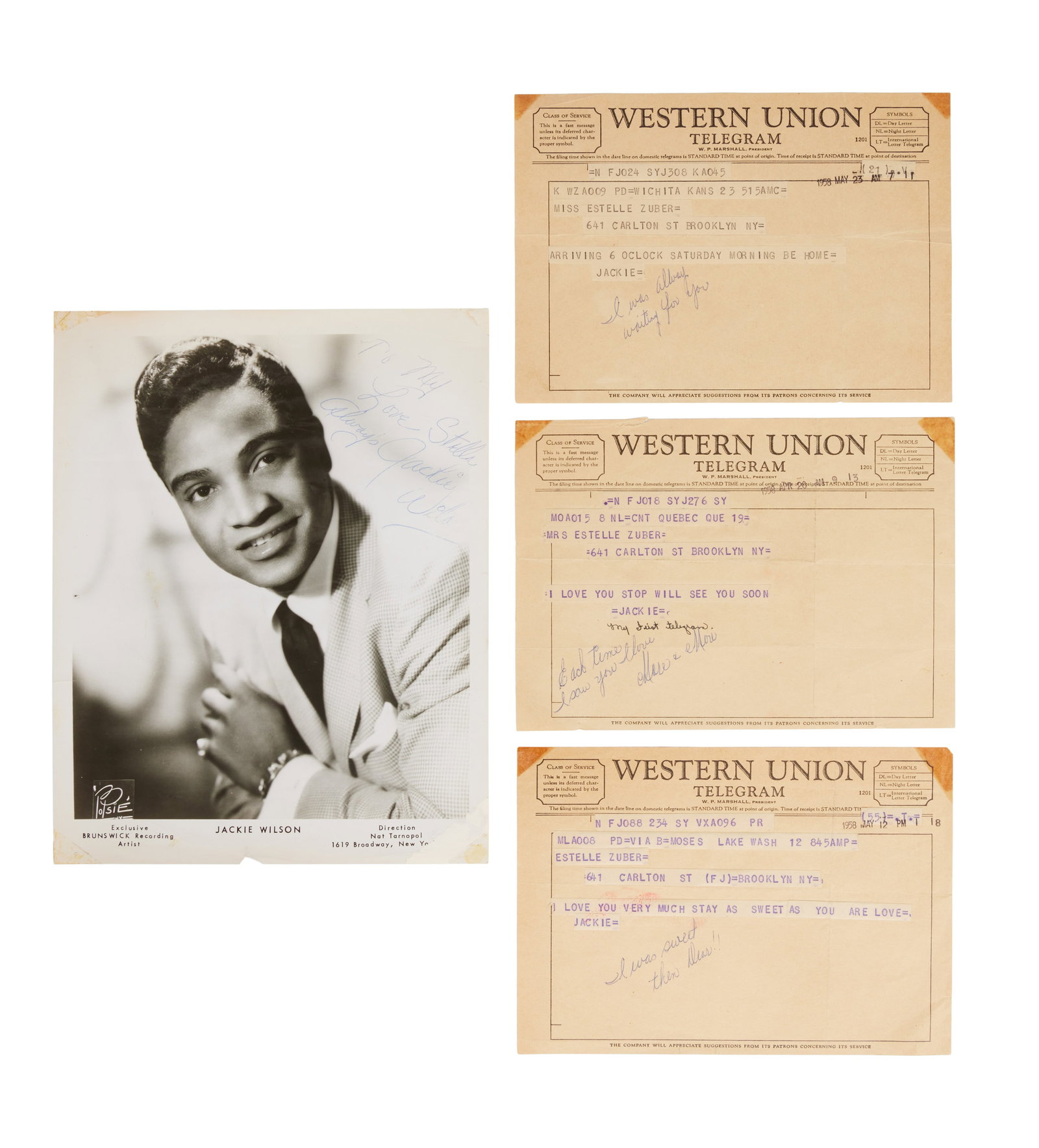 Jackie Wilson | Signed Photo with 1958 Telegrams: A black-and-white promo photograph of Jackie Wilson, signed by him and inscribed "To My Love Stella / Always" in blue ink. Together with three 1958 Western Union telegrams, both addressed to Estelle Z