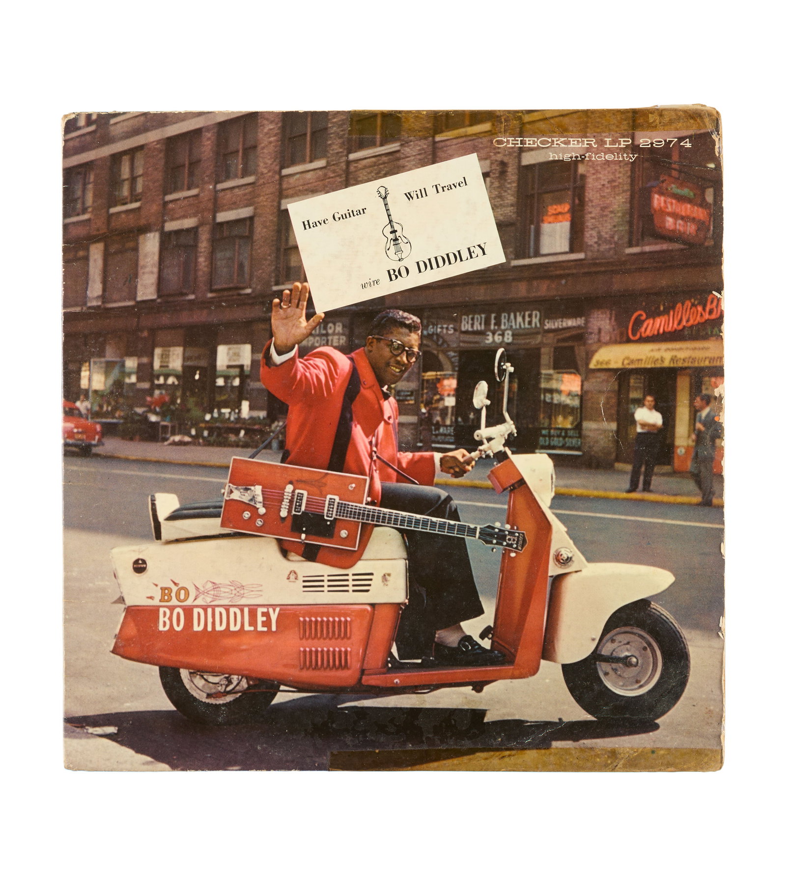 Bo Diddley | 1965 "Have Guitar, Will Travel" Signed Record Album: An original USA pressing of Bo Diddley's 1960 album Have Guitar, Will Travel signed by Bo on the back in black marker. 