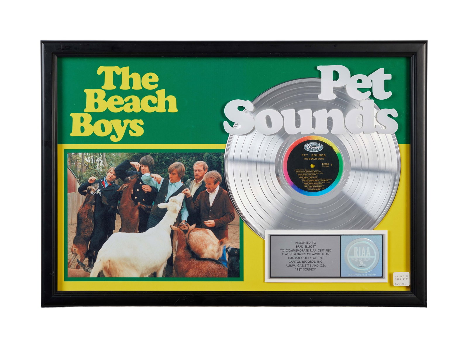 The Beach Boys | RIAA-Certified "Platinum" Sales Award For "Pet Sounds" Presented to Brad Elliott: An RIAA-Certified "Platinum" Sales Award presented to Brad Elliot to commemorate the sale of more than 1,000,000 album, cassette, and CD copies of The Beach Boys 1966 studio album Pet Sounds. Br