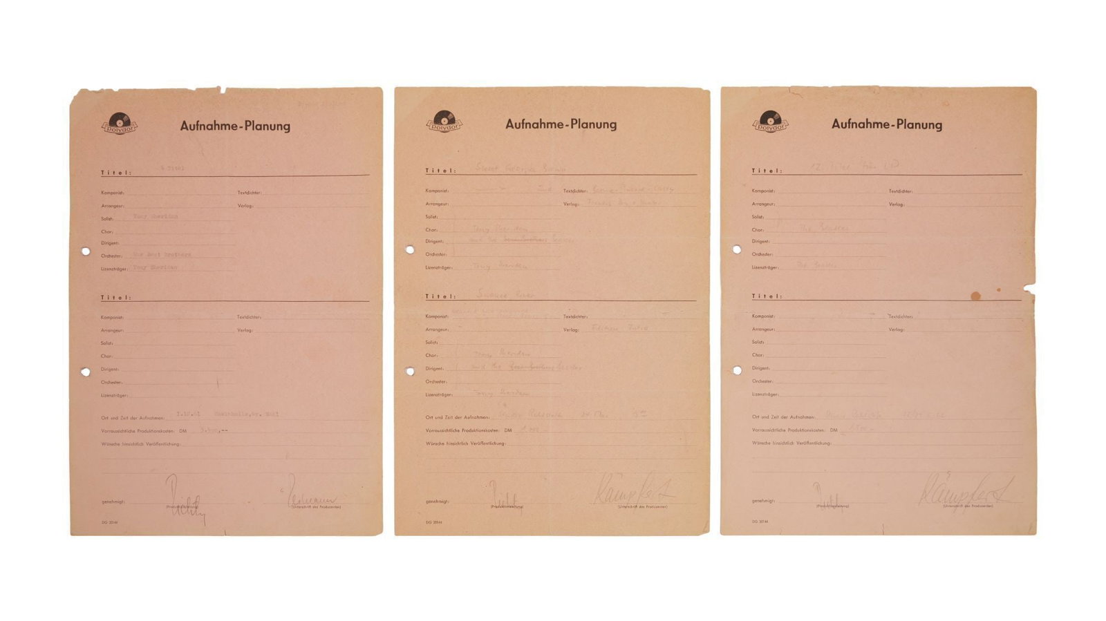 The Beatles | German Tony Sheridan and the Beat Brothers and The Beatles Polydor Recording Sheets (1 of 2)