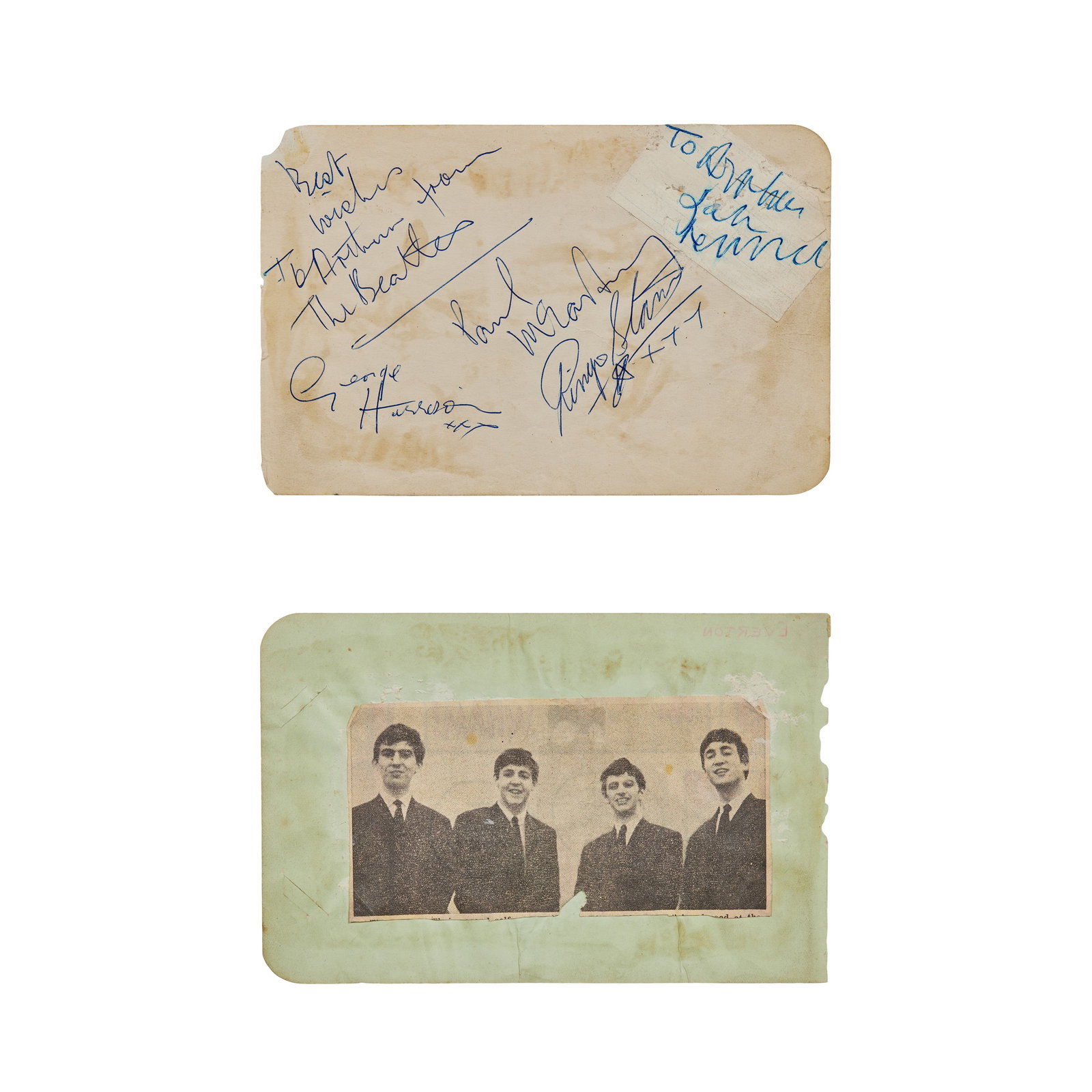The Beatles | 1962 Band Signed Cut Sheets: A page from an autograph book signed by The Beatles. Paul McCartney, George Harrison, and Ringo Starr have signed the page, but according to its previous owner, John Lennon was in a "mood" and signed 