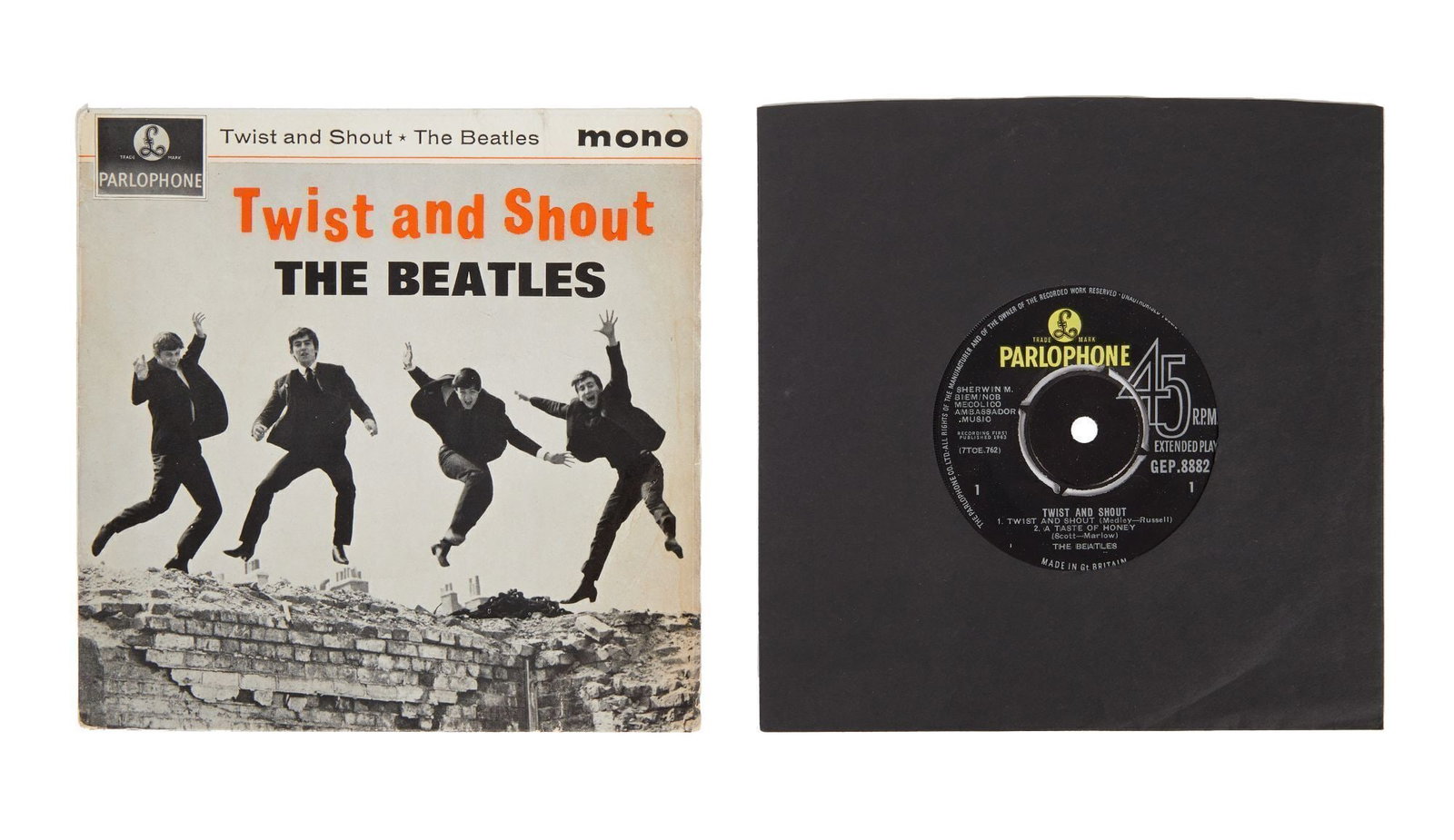 The Beatles | Band Signed Twist and Shout Record Single: A vinyl copy of The Beatles' EP "Twist and Shout" (Parlophone GEP 8882) signed to the back of the sleeve by John Paul George and Ringo in blue ink and marker. The signatures were obtained on September