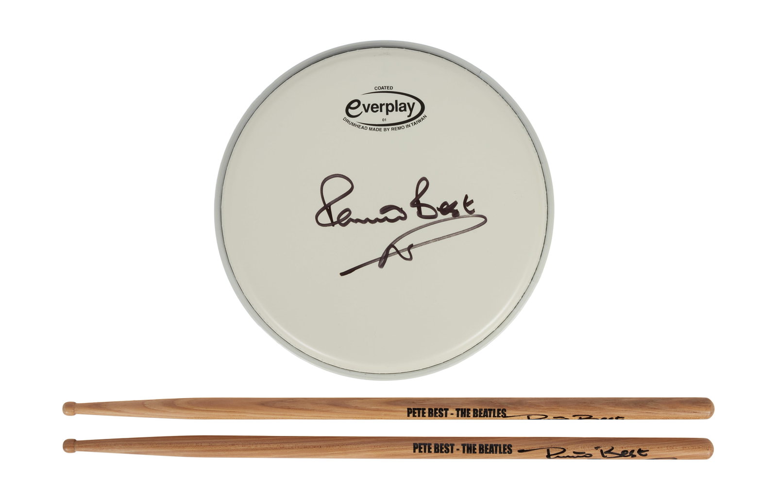 The Beatles | Pete Best Signed Drum Head And Drum Sticks: An 8" drum head signed by Pete Best, the original drummer of The Beatles from 1960-1962. Accompanied by a Pete Best signed drumstick. 