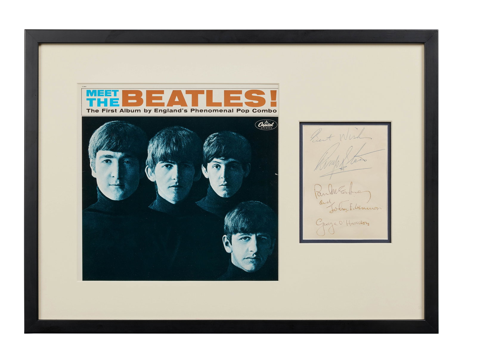 The Beatles | Band-Signed Sheet Display: A framed and matted display featuring the signatures in ink of all four Beatles: Ringo Starr, Paul McCartney, John Lennon, and George Harrison. Undated. Displayed alongside the front cover of The Beat