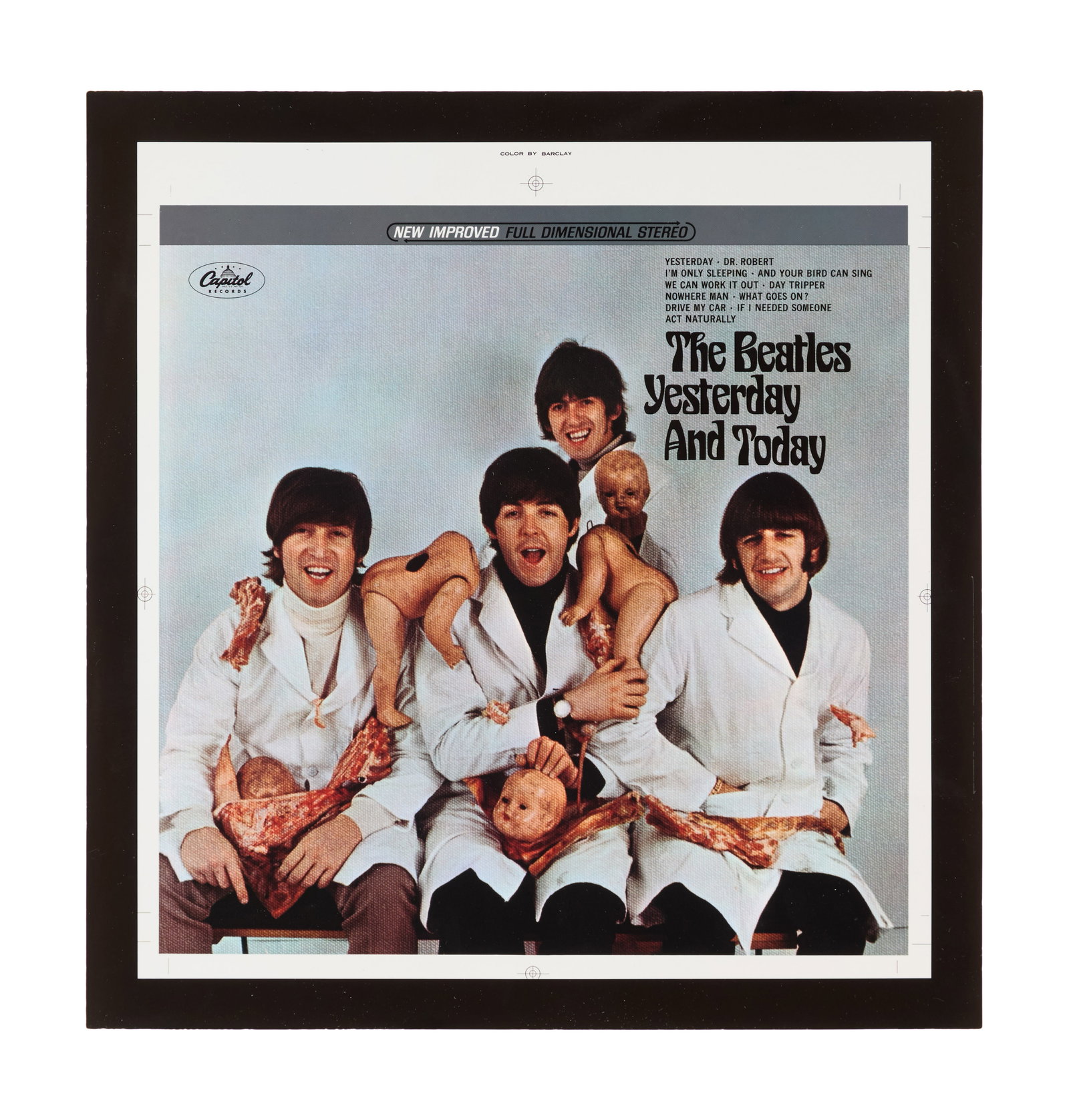 The Beatles | Full-Scale Chromalin Printer's Proof for "Yesterday and Today": A full-scale, four-color Chromalin printer's proof of the infamous full stereo "butcher" cover album artwork for The Beatles' Yesterday and Today (Capitol Records, 1966), printed from Capitol's origin