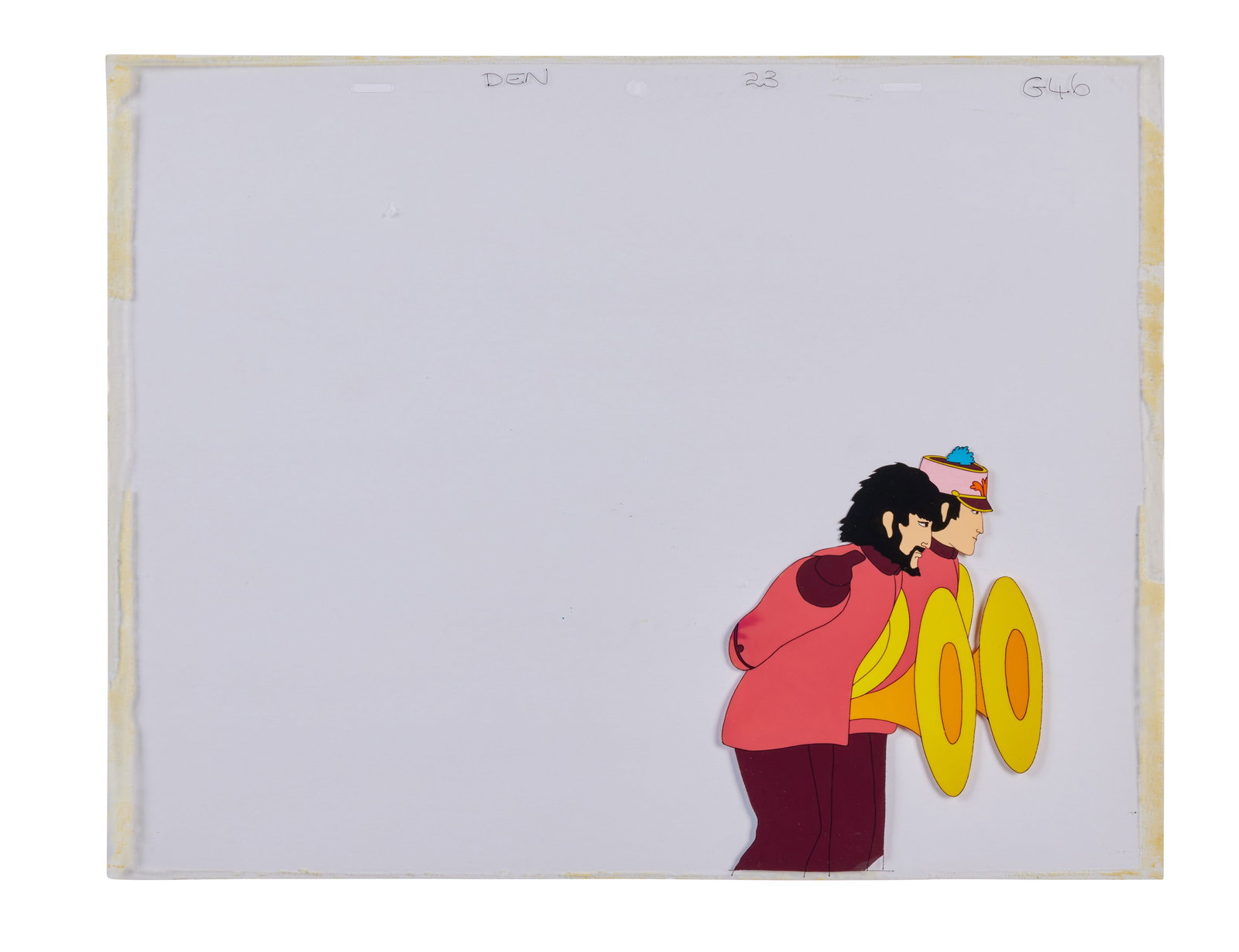 The Beatles | "Yellow Submarine" Paul and George Tuba Infiltration Animation Cel: A highly detailed, gouache on celluloid sheet animation cel of George Harrison and Paul McCartney with tubas from the production of The Beatles' animated film, Yellow Submarine (Apple Corps, 1968). Th