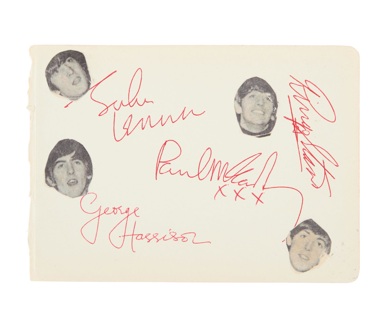 The Beatles | Band-Signed Cut Sheet: A cut sheet with images of each of The Beatles' faces pasted on, signed by John, Ringo, George, and Paul in red ink. Accompanied by a Certificate of Authenticity from Roger Epperson Authentication Ltd