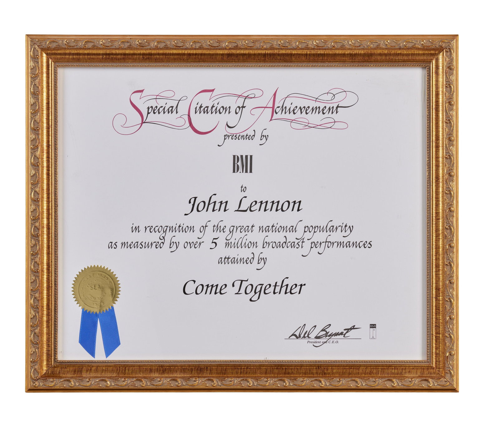 The Beatles | John Lennon "Come Together" BMI Citation: An original Broadcast Music Incorporated Special Citation of Achievement presented to John Lennon for over 5 million broadcast performances of The Beatles 1969 song "Come Together."