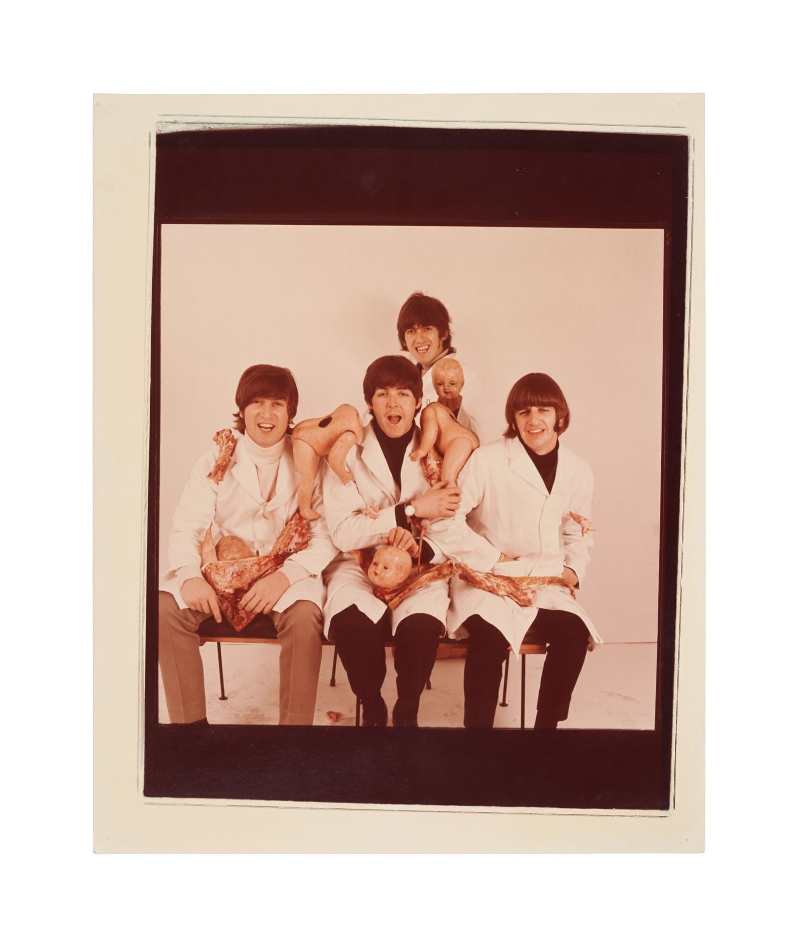 The Beatles | 1980 Large Rarities Butcher Print: A large full-frame color print of the infamous "butcher" cover artwork from the 1966 Beatles album, Yesterday and Today, from the release of Capitol Records' 1980 compilation album Rarities. Rar