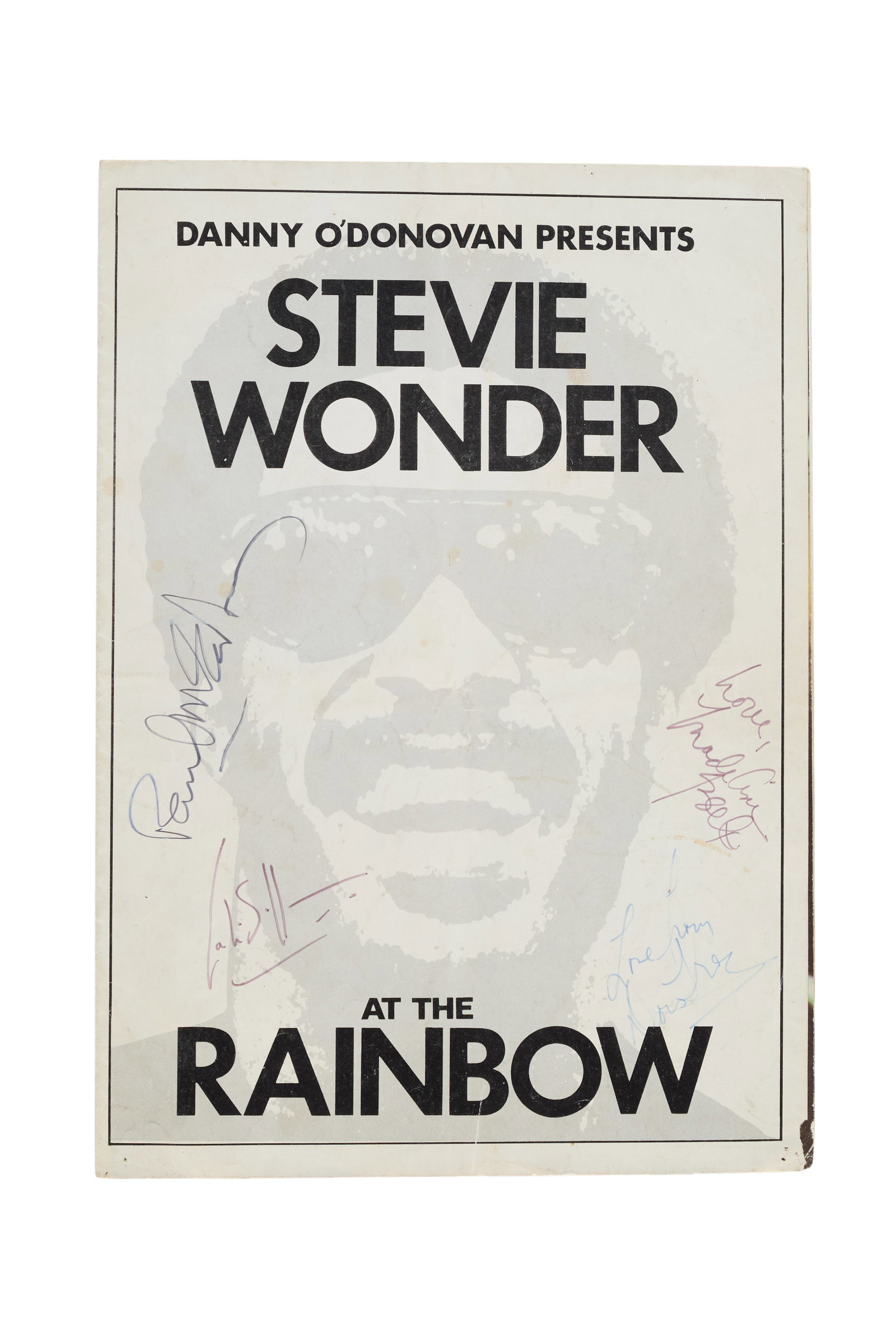 Paul McCartney | 1974 Signed "Stevie Wonder at the Rainbow" Program: A program from Stevie Wonder's concert at The Rainbow Theatre in London, which took place on January 24, 1974, signed by Paul McCartney, Madeline Bell, and Doris Troy in black marker. Accompanied by
