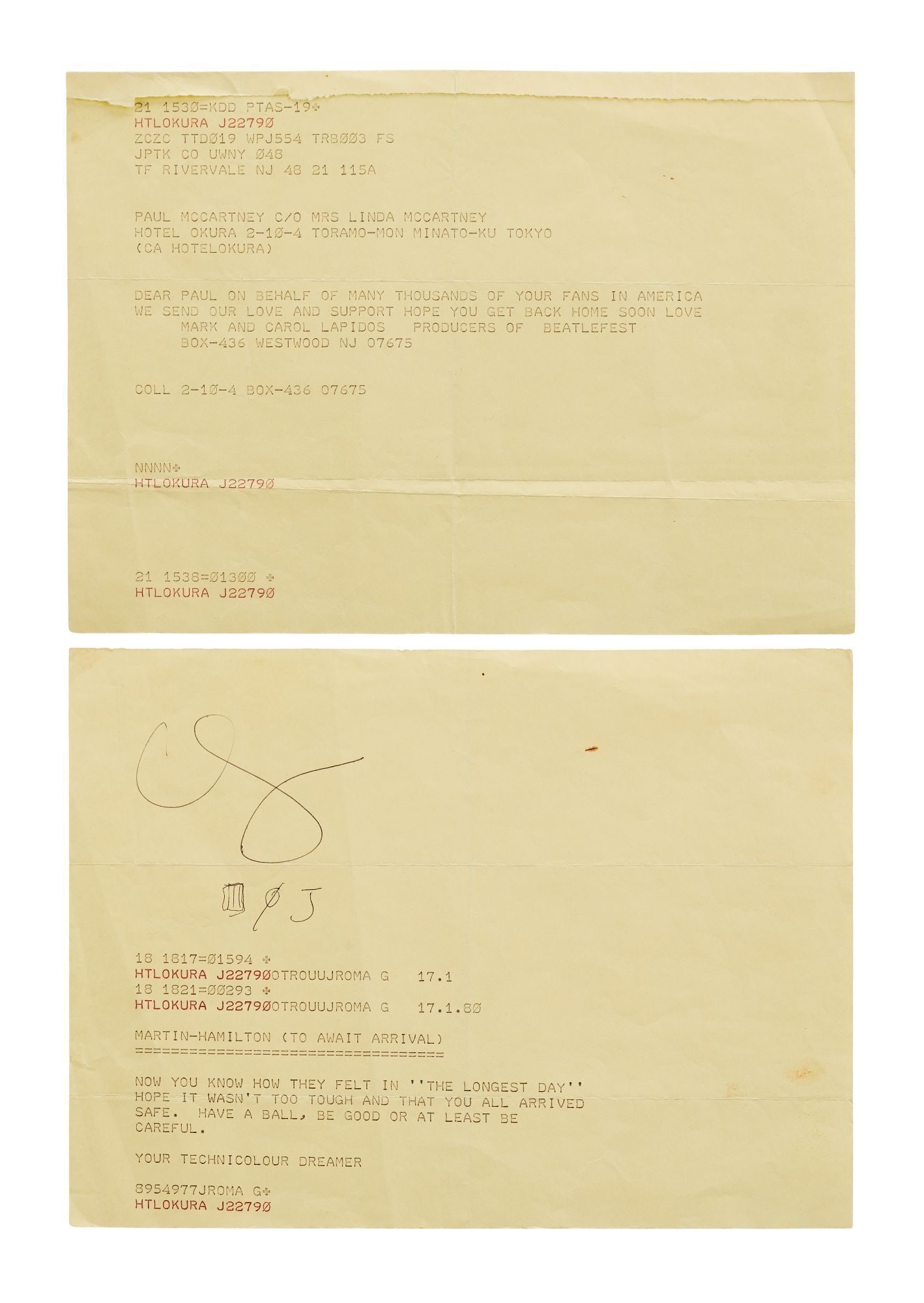 Paul McCartney | 1980 Telegrams to Paul While Jailed in Japan: Two 1980 telegrams sent to Paul McCartney at the Hotel Okura in Tokyo surrounding his arrest on potential drug smuggling charges (for the half-pound of marijuana in his baggage) prior to his intended