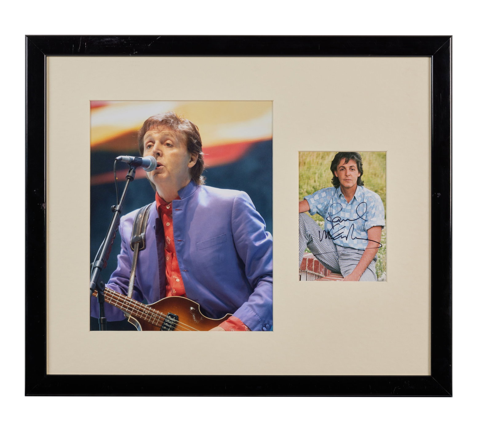 Paul McCartney | 1986 Autographed "Press To Play" Promotional MPL Postcard: A color Paul McCartney 1986 '"Press To Play" MPL promotional postcard signed by Paul in black marker. Framed alongside a color photo of Paul.