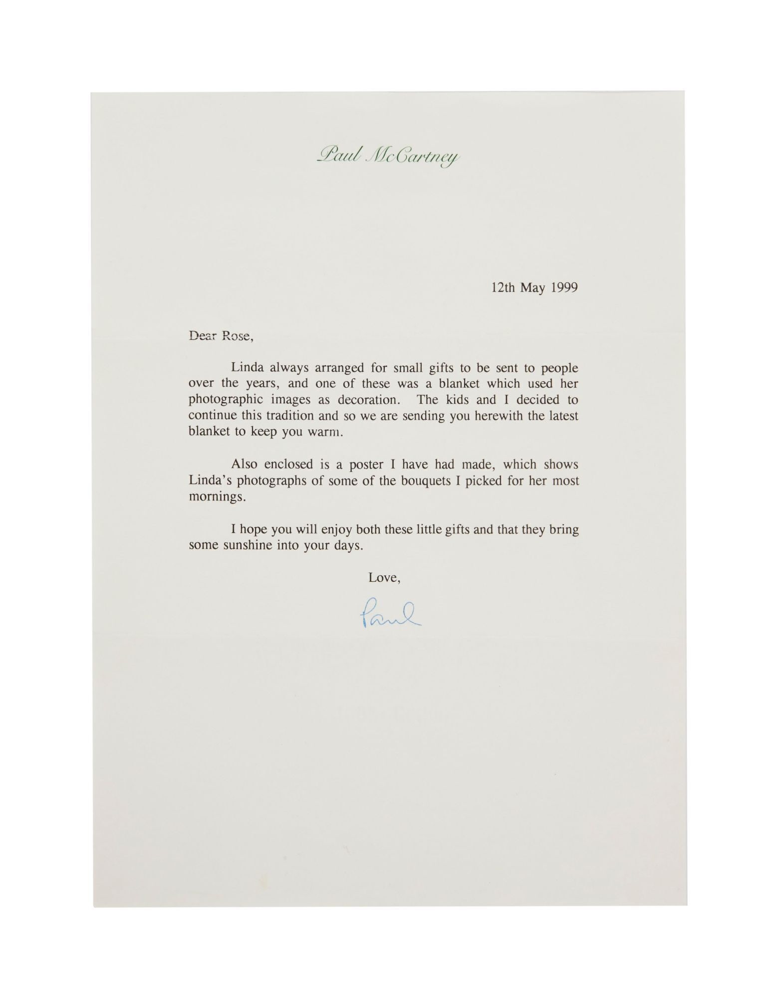 Paul McCartney | Typed and Signed Letter to Former Housekeeper Rose Martin: A typed letter on "Paul McCartney" stationery sent from McCartney to Rose Martin (his former housekeeper) dated May 12, 1999 and signed by McCartney in blue ink. The letter reads: "Dear Rose Lin