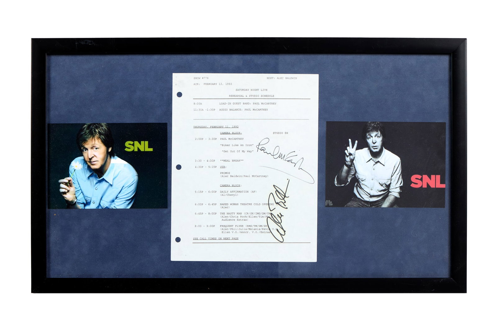 SNL | 1993 Paul McCartney and Alec Baldwin Signed "Saturday Night Live" schedule: A rehearsal and studio schedule for episode 776 of Saturday Night Live (NBC, 1975-present) that aired on February 13, 1993, signed by Paul McCartney and Alec Baldwin. The episode was hosted by