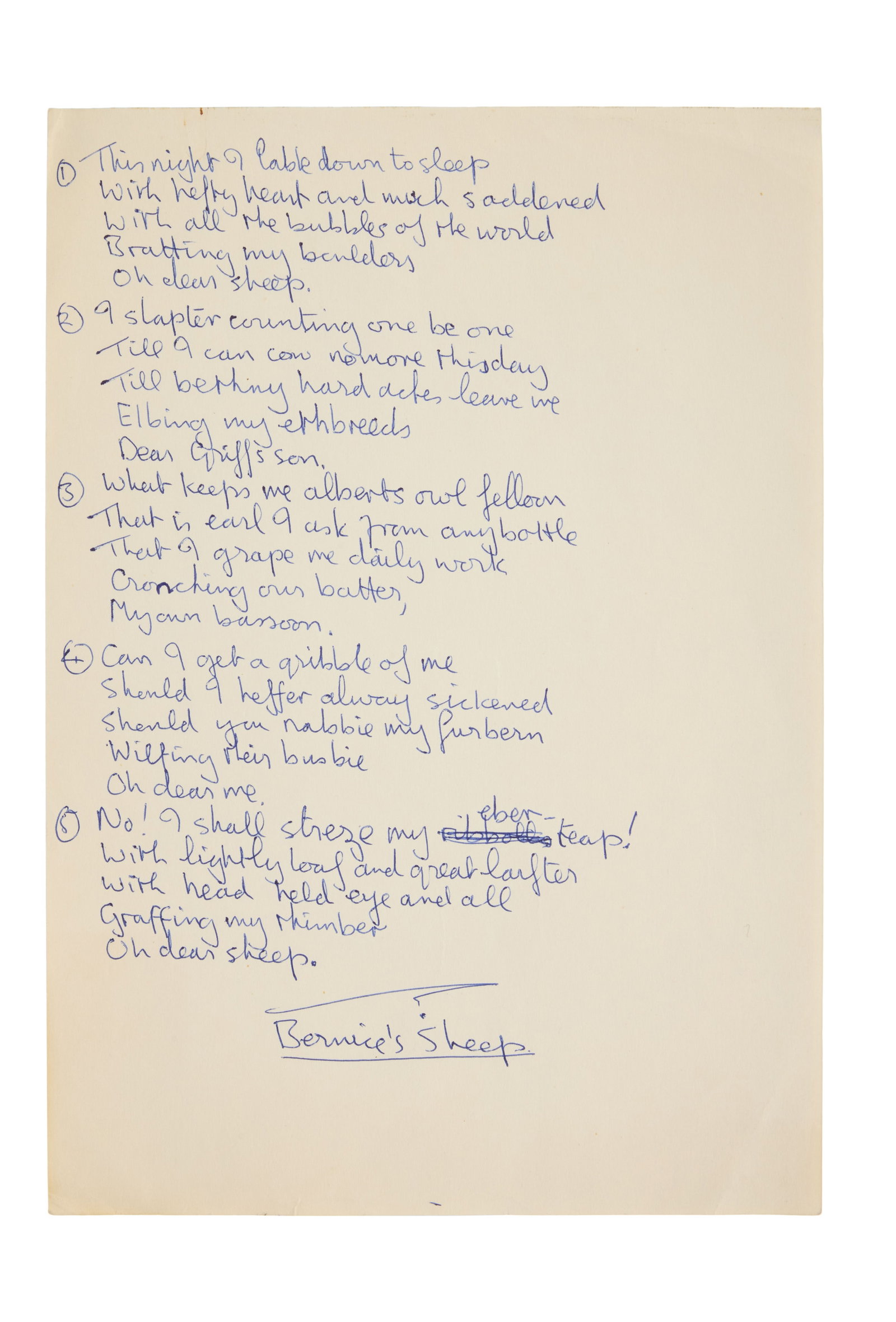 John Lennon | Handwritten "Bernice's Sheep" Poem: A single sheet containing a poem entitled "Bernice's Sheep," handwritten in blue pen by John Lennon, and titled by him at the bottom of the page. There are five numbered verses, beginning: "This