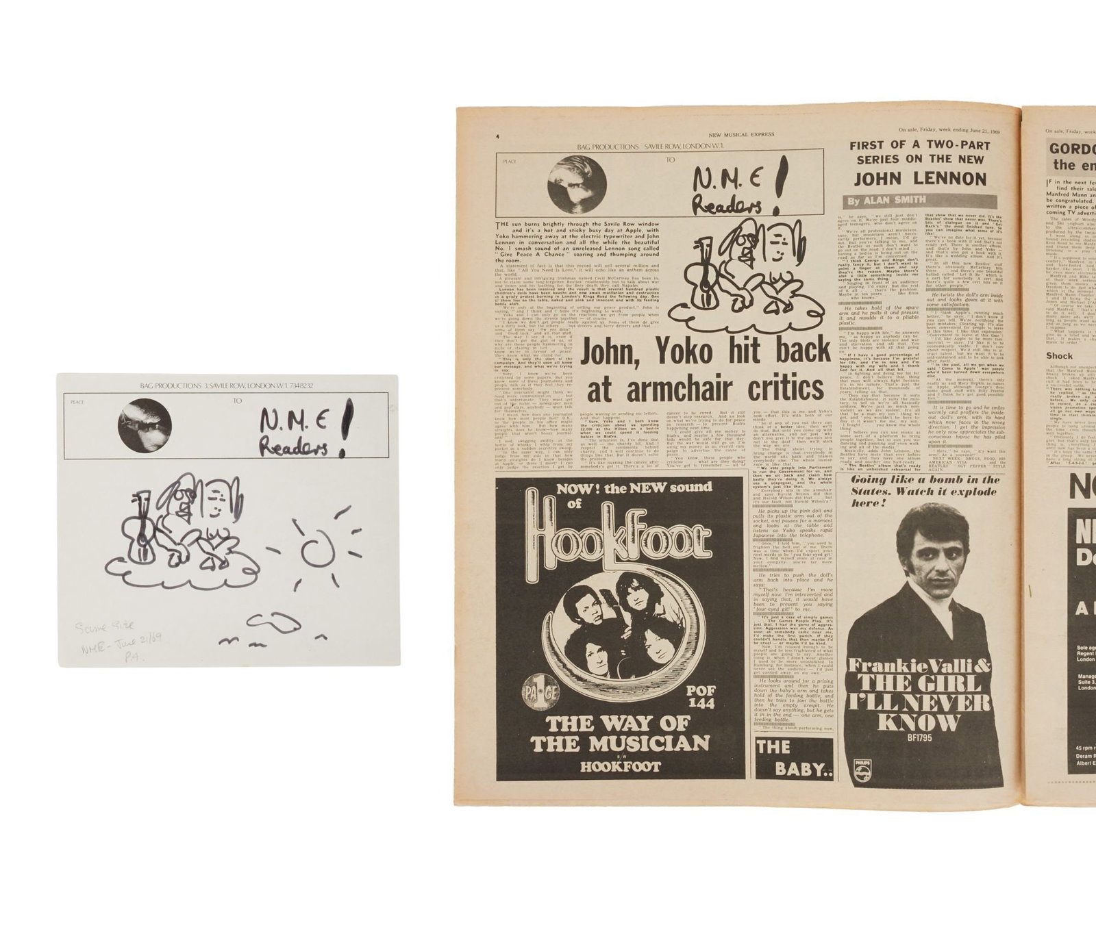 John Lennon | Original Illustration and Newspaper: A self-portrait illustration of John Lennon and Yoko Ono sitting cross-legged on top of a cloud the drawing in Lennon's hand in black marker on "Bag Productions 3 Savile Row London W.I." letterhead. T