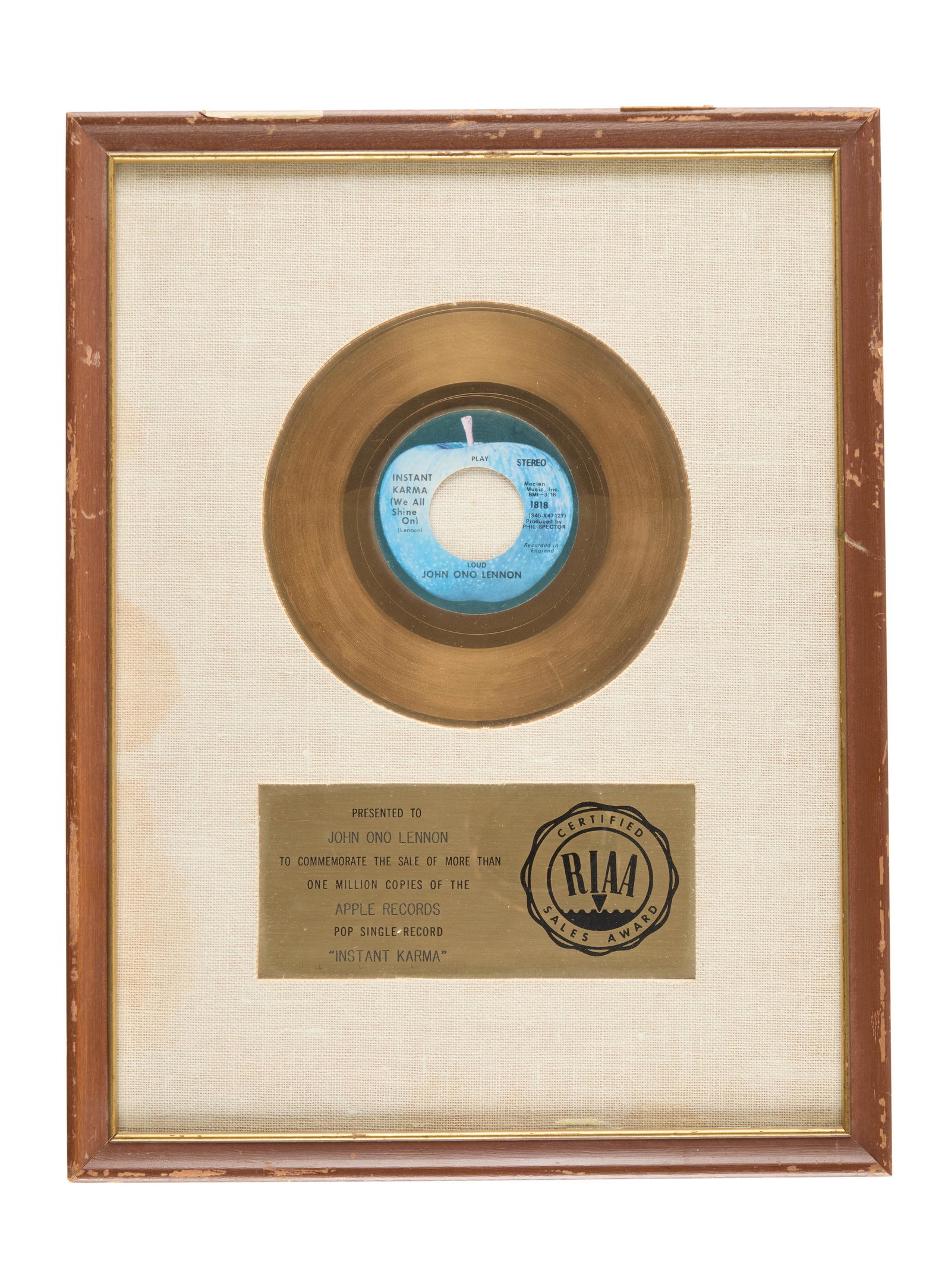 John Lennon | "Instant Karma" RIAA "Gold" Single Record Award (1 of 2)